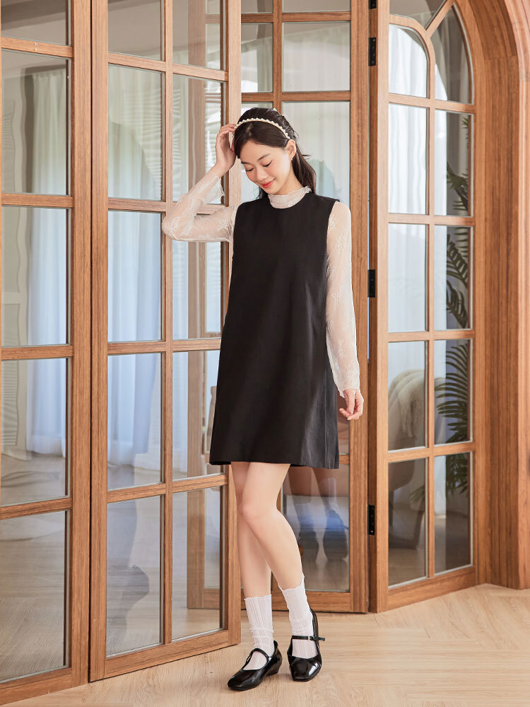 經典圓領棉麻感短版洋裝