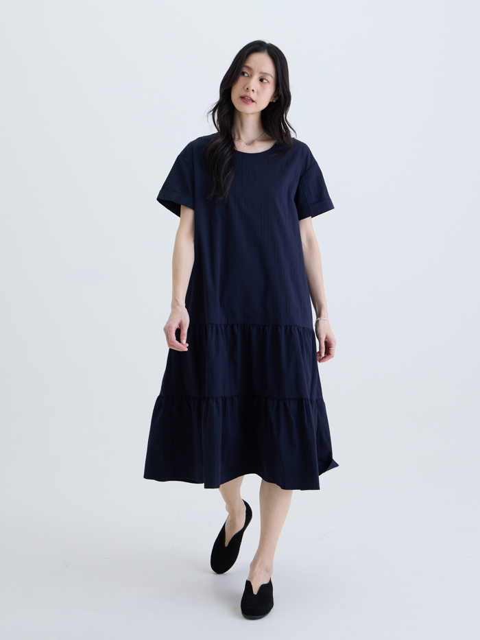 薄霧晨風圓領短袖洋裝-藏青