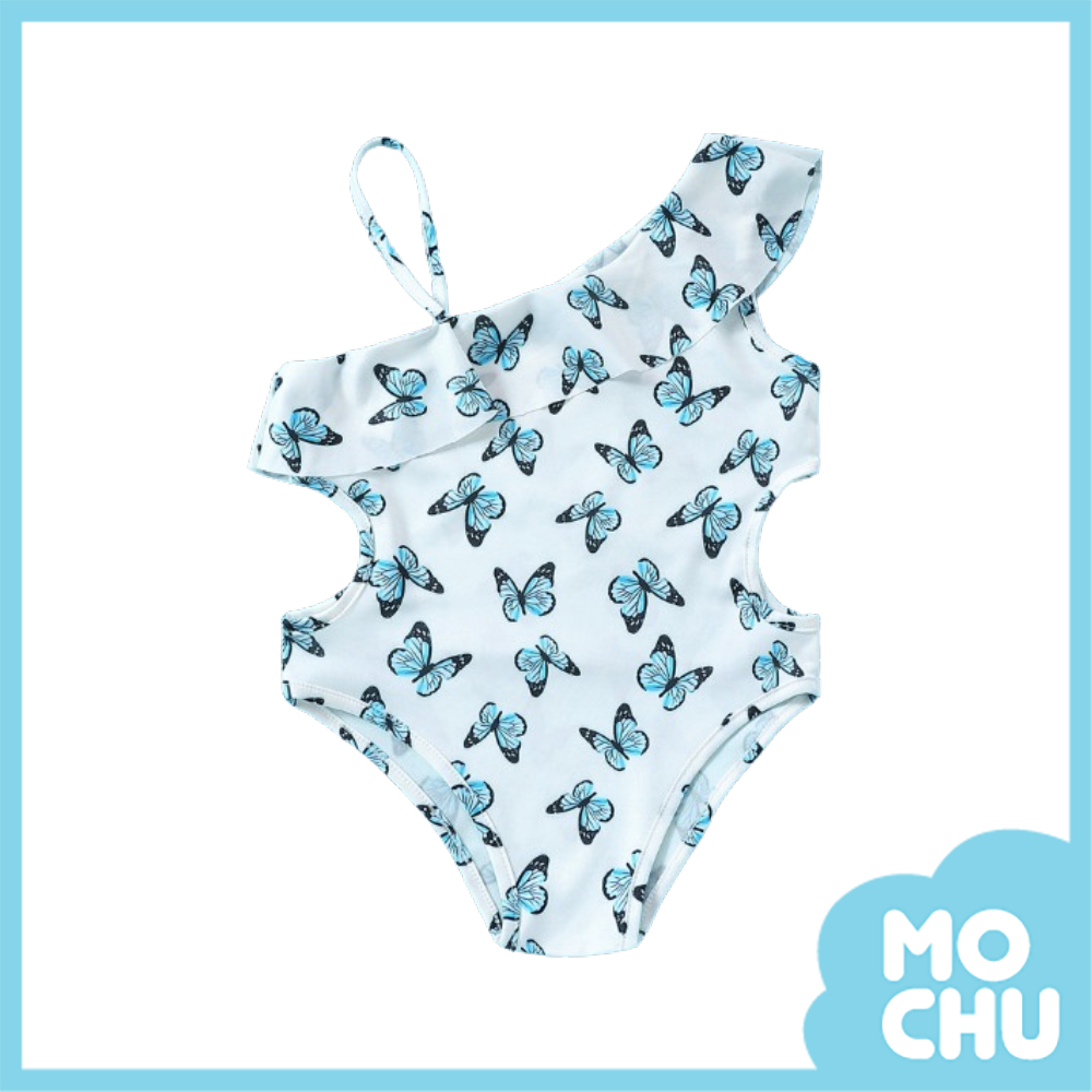 青色蝴蝶印花斜肩連身泳裝