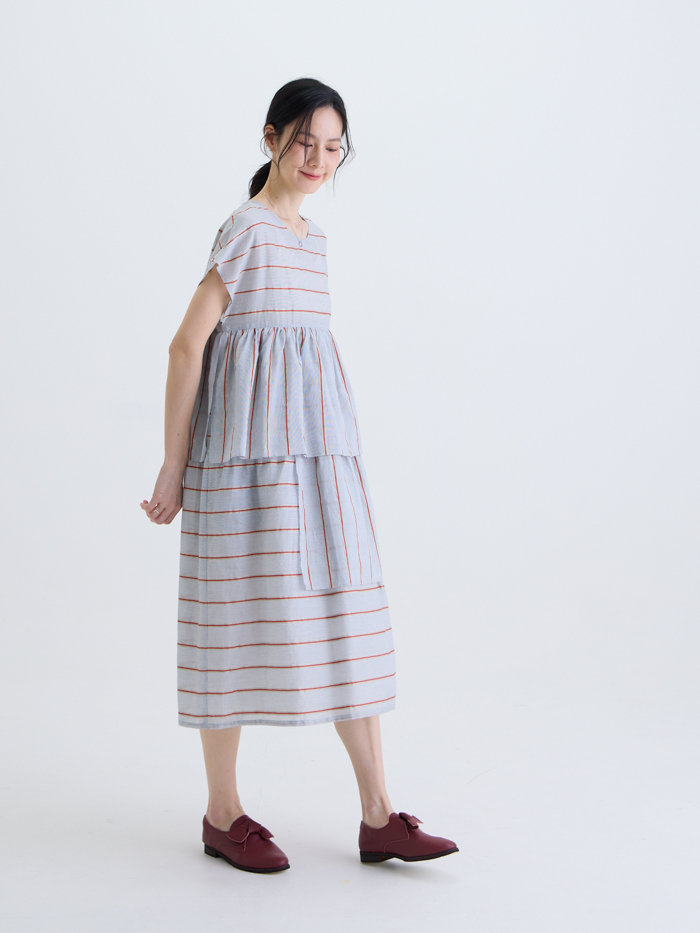 拼接故事圓領連袖洋裝-灰橘彩條*