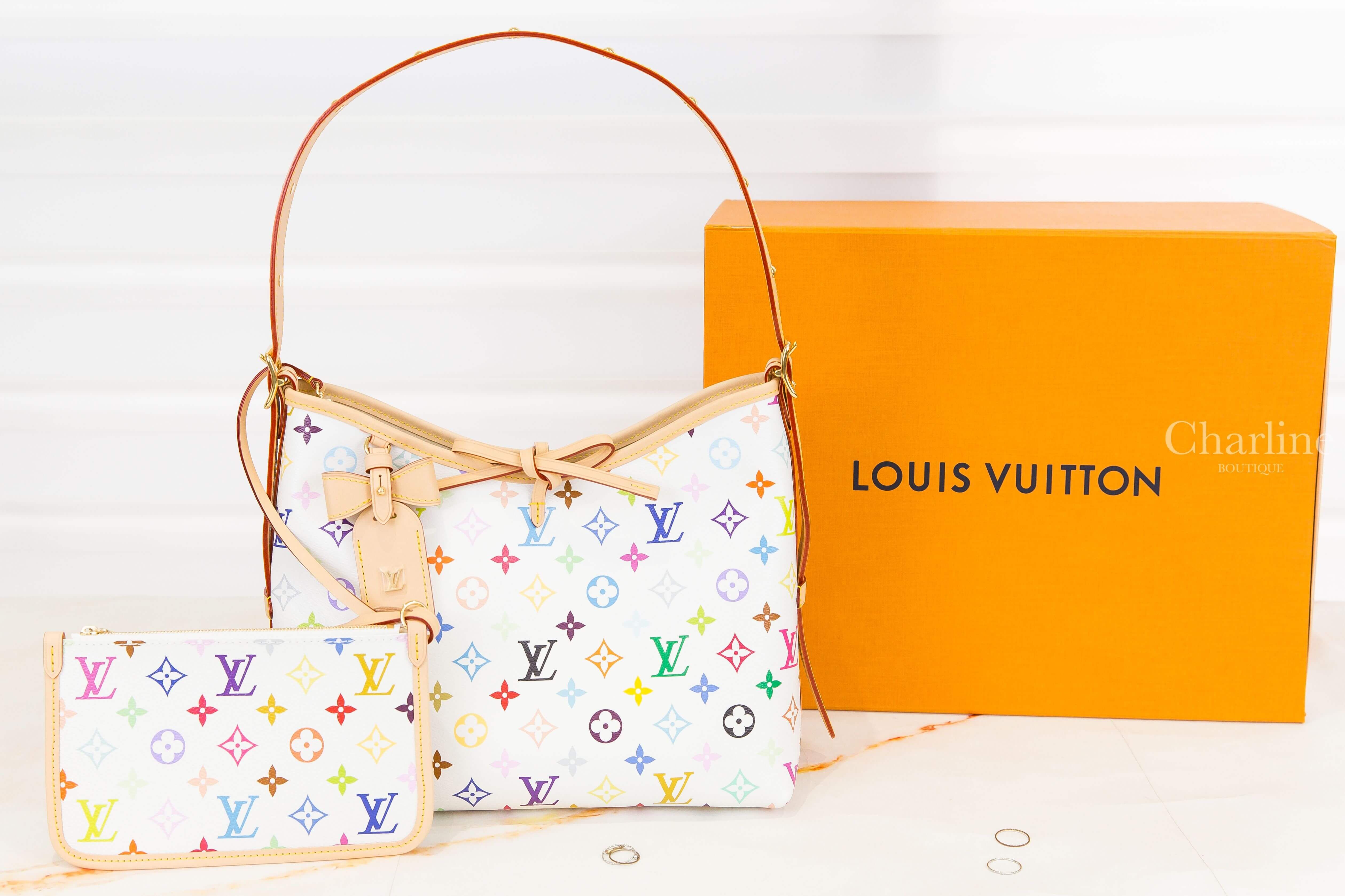 Louis Vuitton LV x TM CarryAll PM Bag 聯名款白色三彩老花牛皮飾邊蝴蝶結吊牌小型手提肩背包