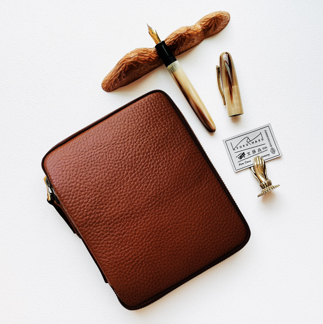 Kyokuhaku 10入拉鍊筆袋 植鞣革