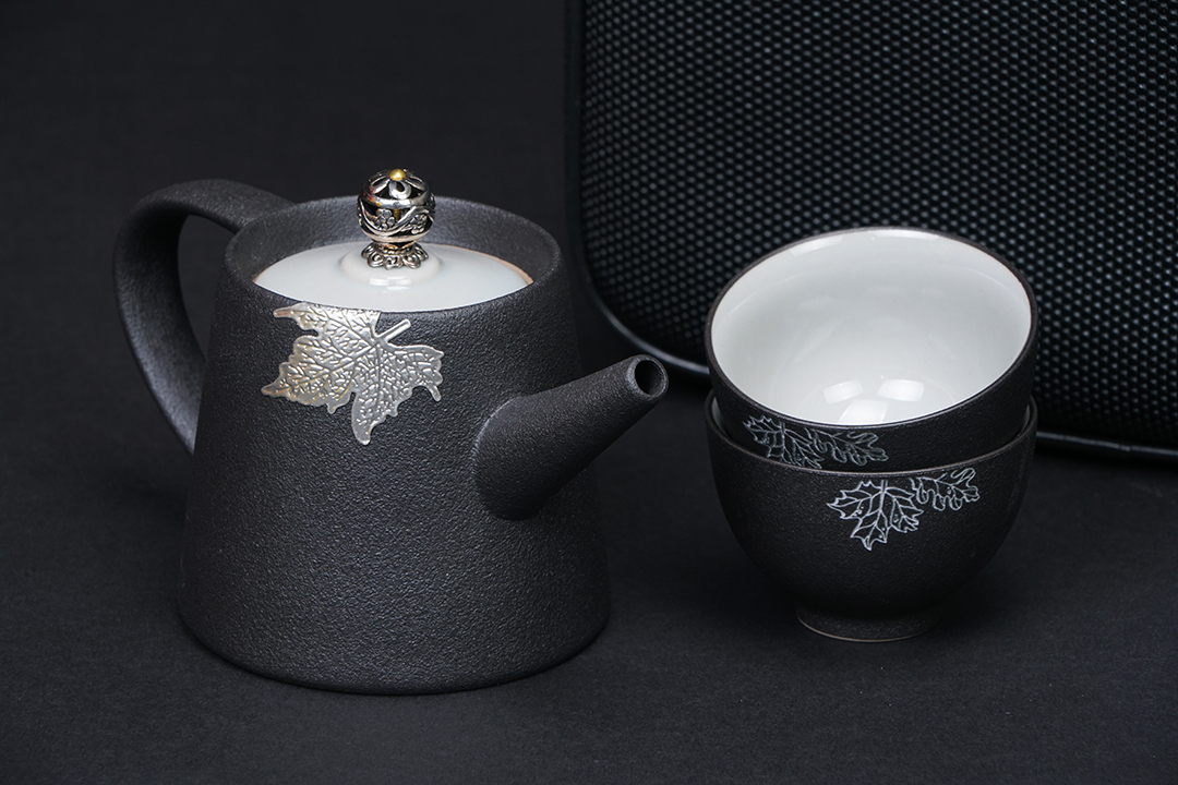 銀鑲雅陶3入旅行茶具組｜輕巧便攜 高雅質感 隨行品茗首選