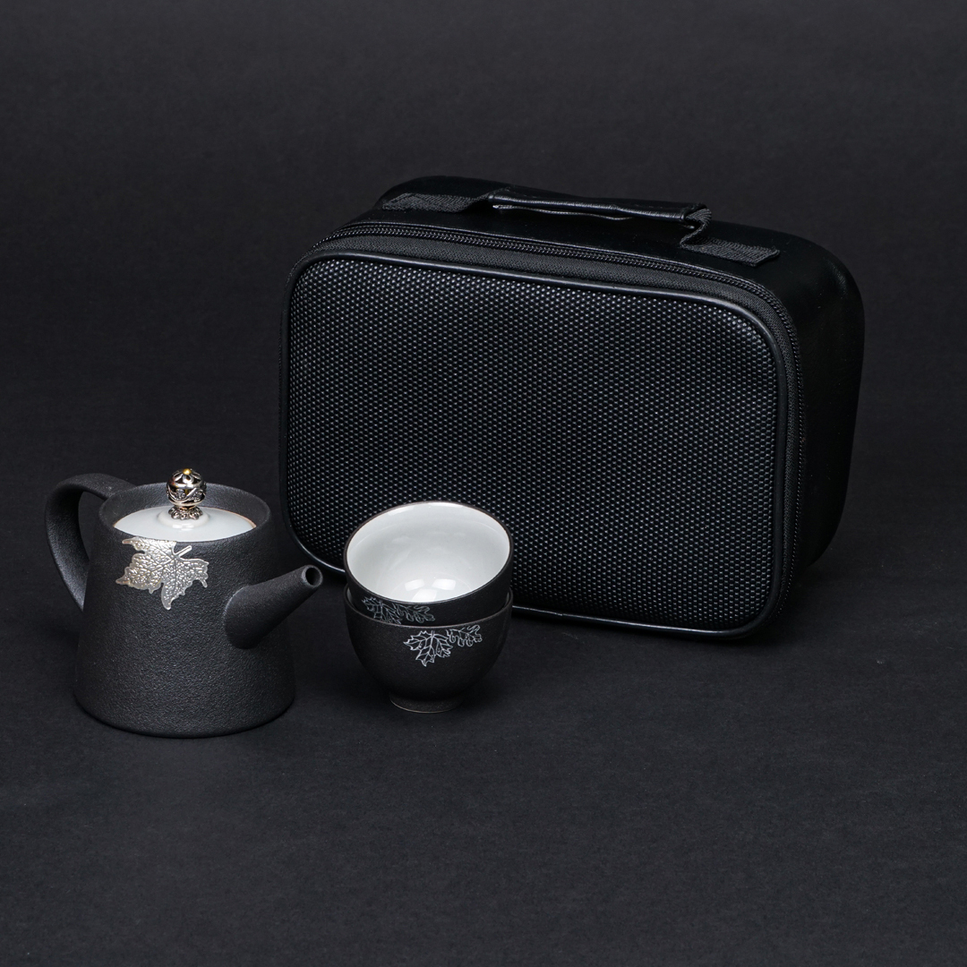 銀鑲雅陶3入旅行茶具組｜輕巧便攜 高雅質感 隨行品茗首選