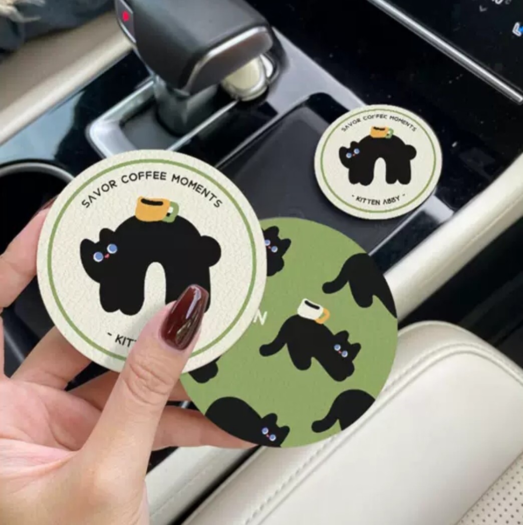 小黑貓汽車專用皮革杯墊
