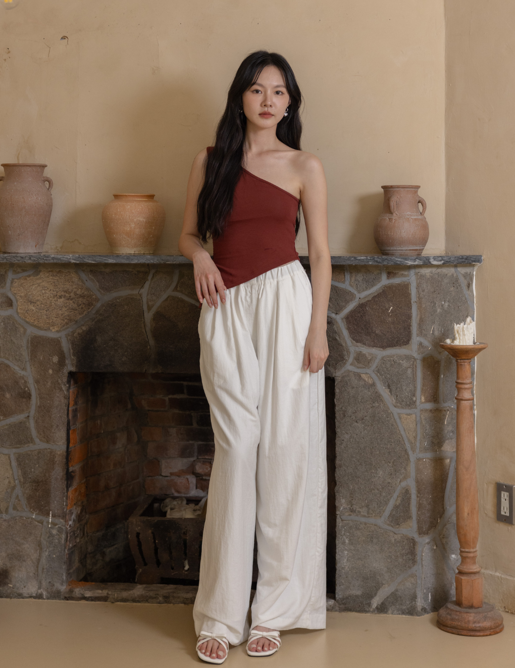 前打褶涼感寬版長褲（白色/4尺寸）