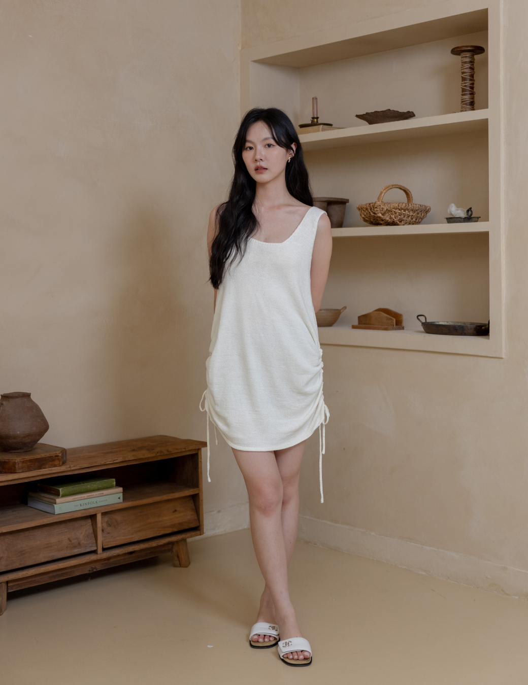 側身抽繩連身針織短洋