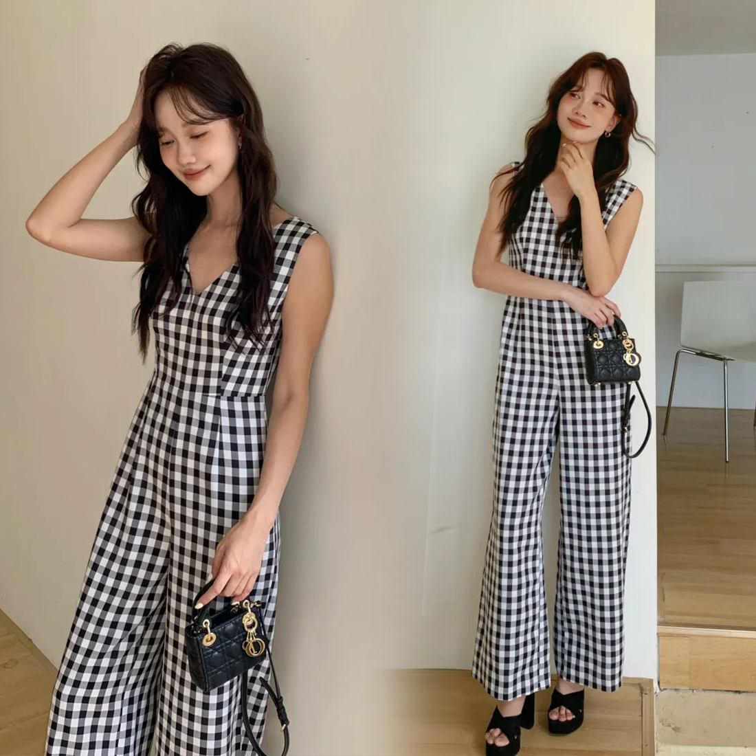 黑白格紋V領收腰修身連身褲長褲S-M (Elegant & Love)