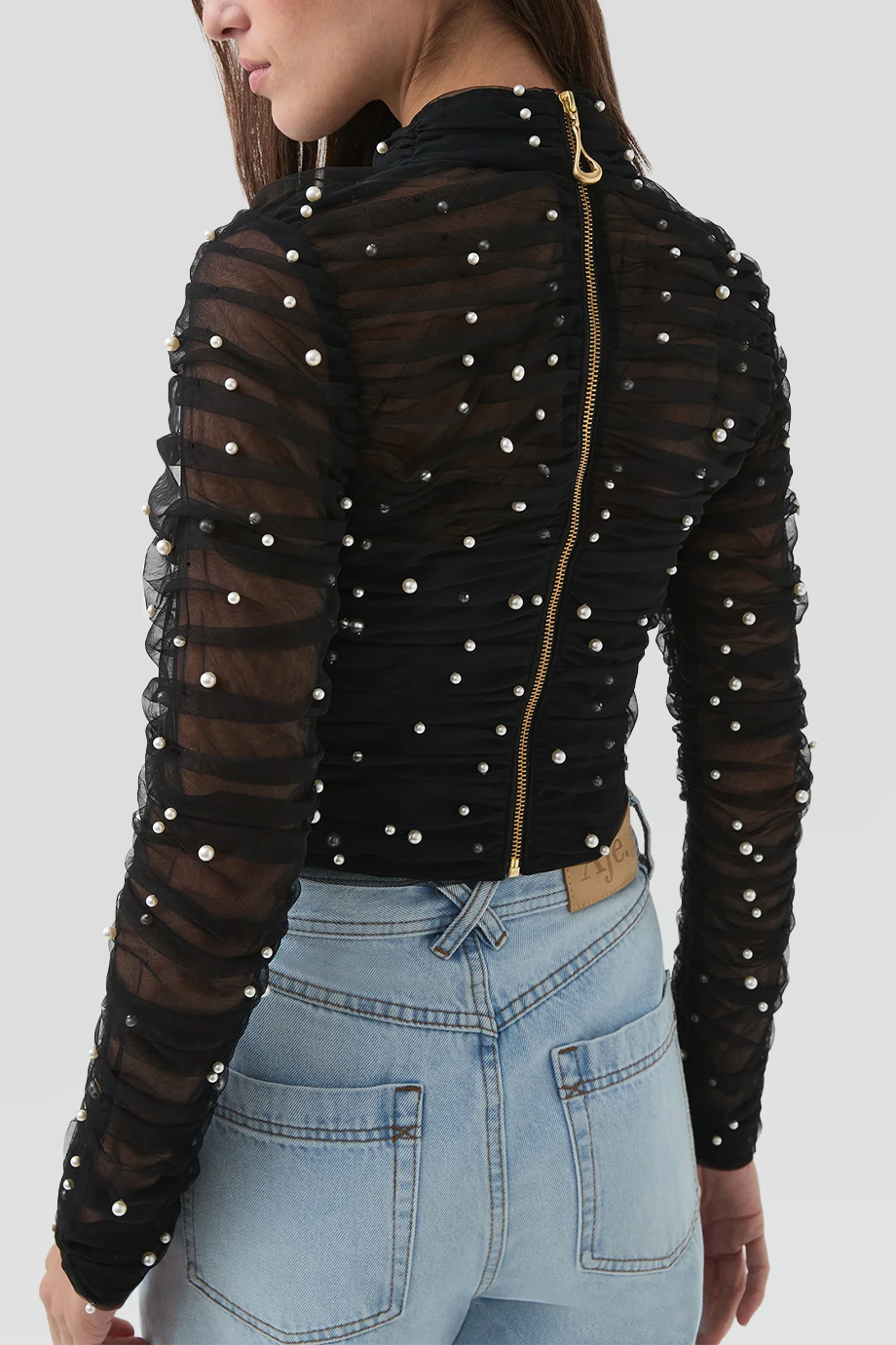 Aje｜JUNIPER 珍珠綴飾薄紗皺褶上衣