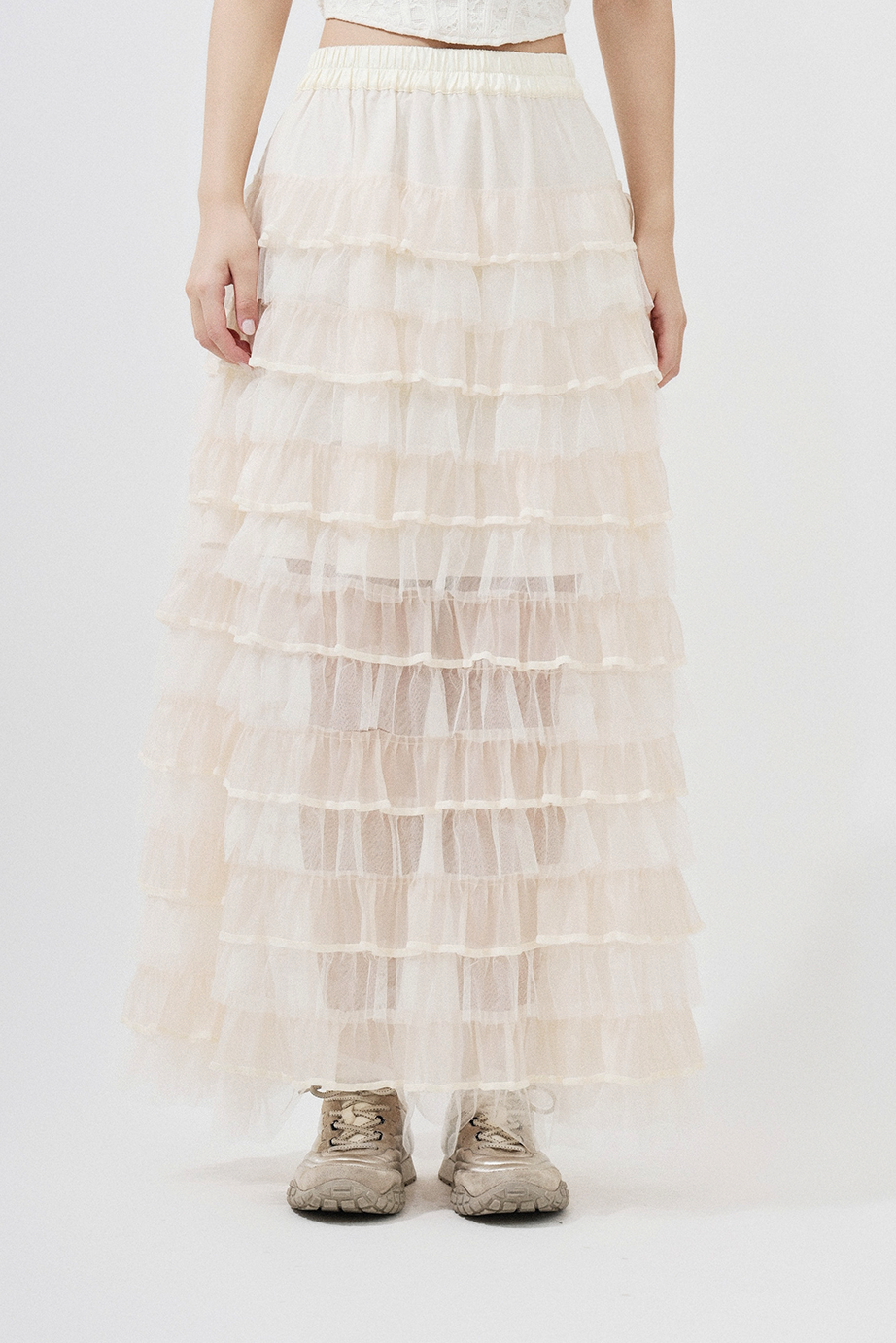 絲絨邊層層荷葉網紗裙（^現貨款式）