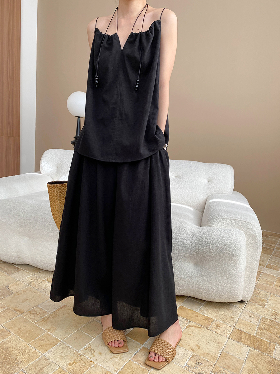 慵懶假期 亞麻混紡抽繩上衣+褲裙套裝(2件組)