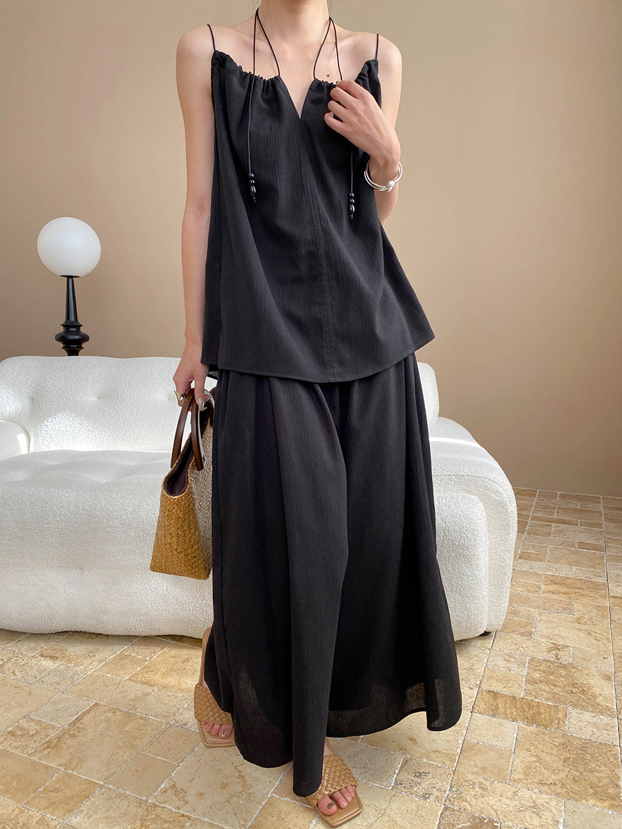 慵懶假期 亞麻混紡抽繩上衣+褲裙套裝(2件組)
