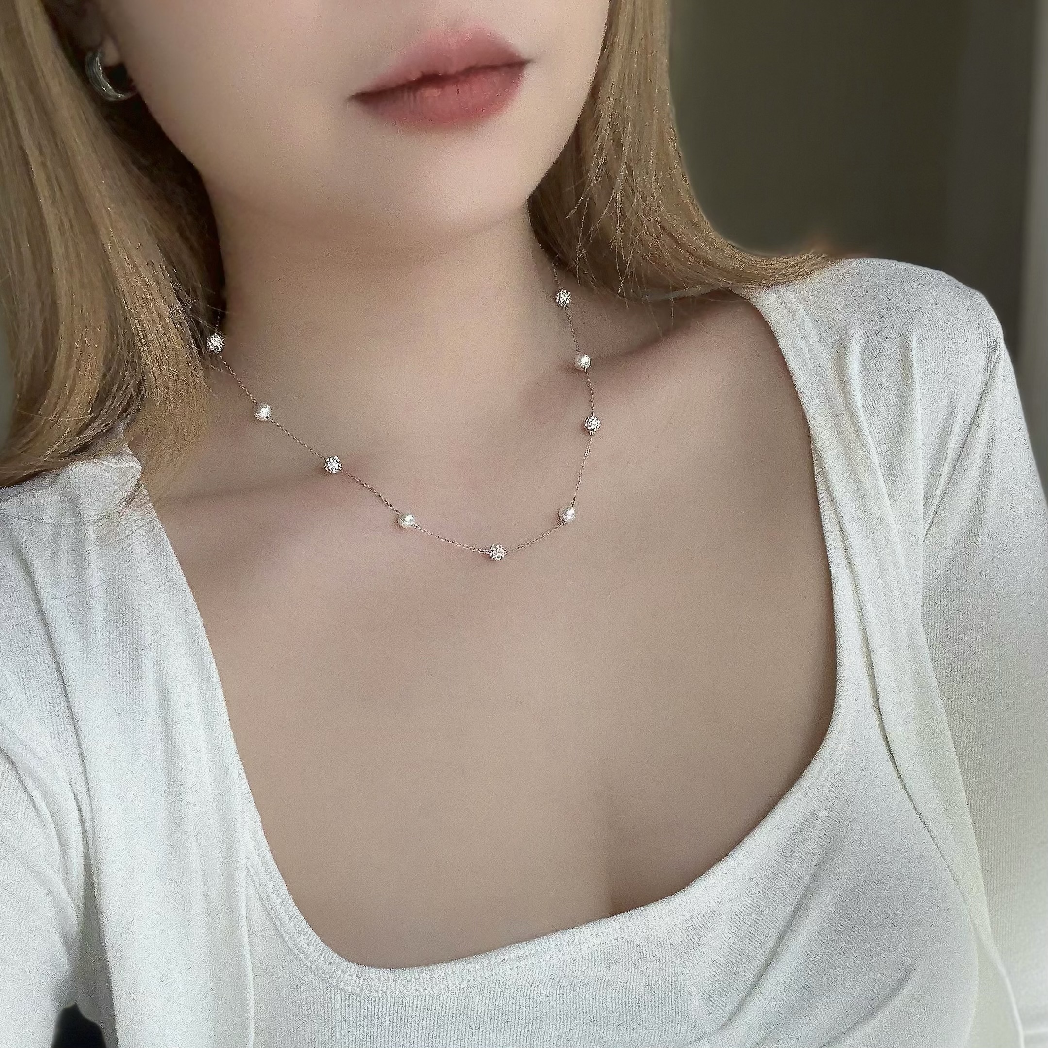 熱愛．珍珠鑽球純銀鎖骨鏈