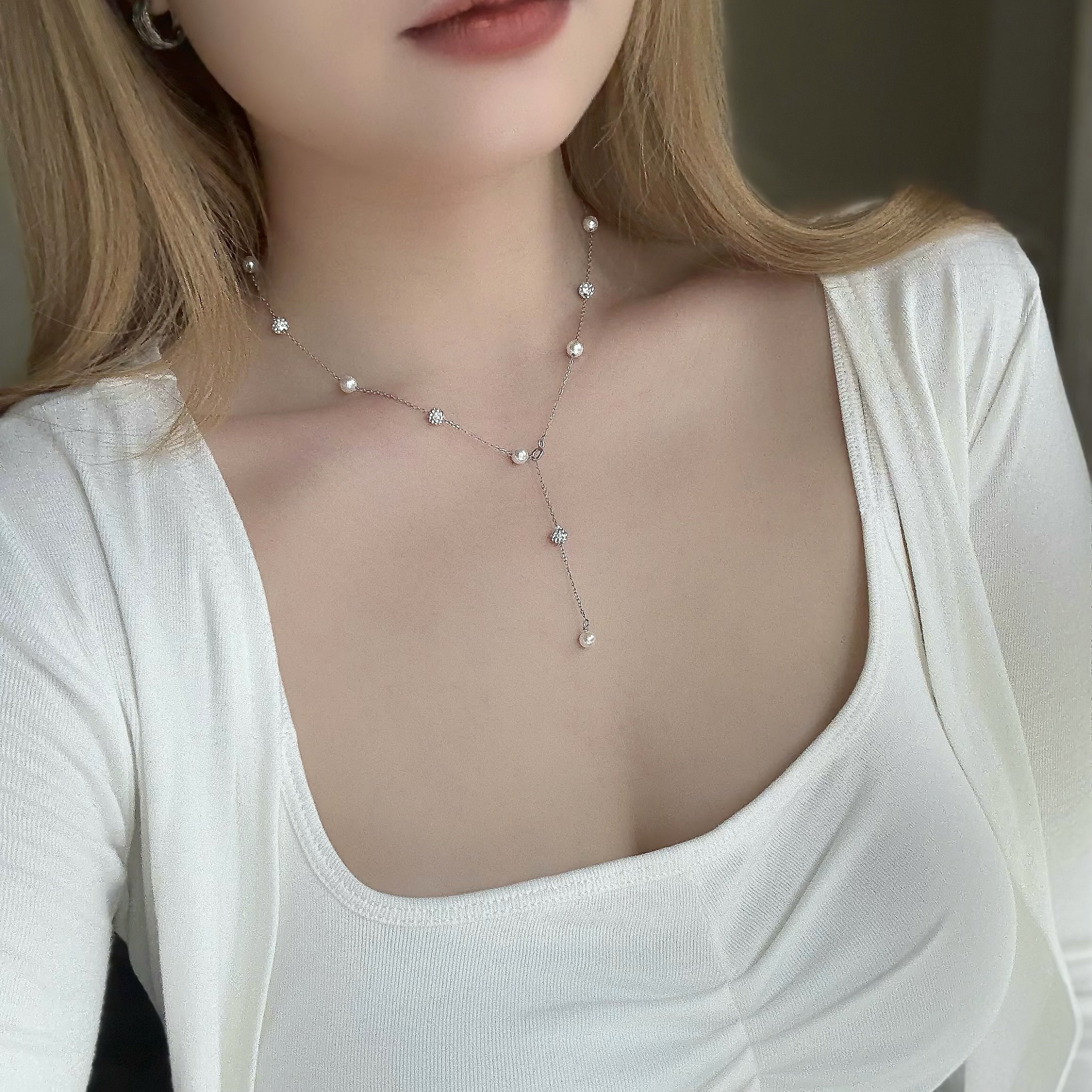 熱愛．珍珠鑽球純銀鎖骨鏈