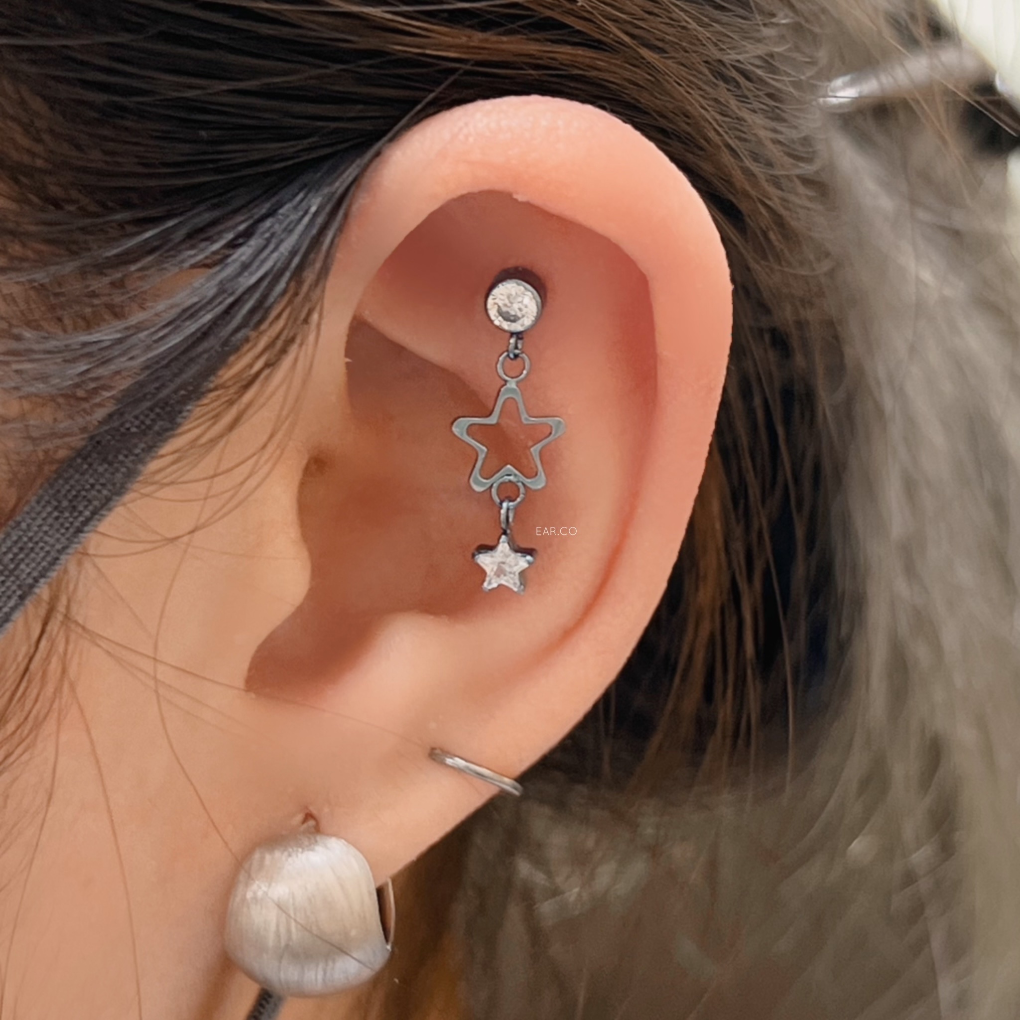 閃石垂釣星星平頭耳門/耳珠/耳骨釘 [G23 Titanium]