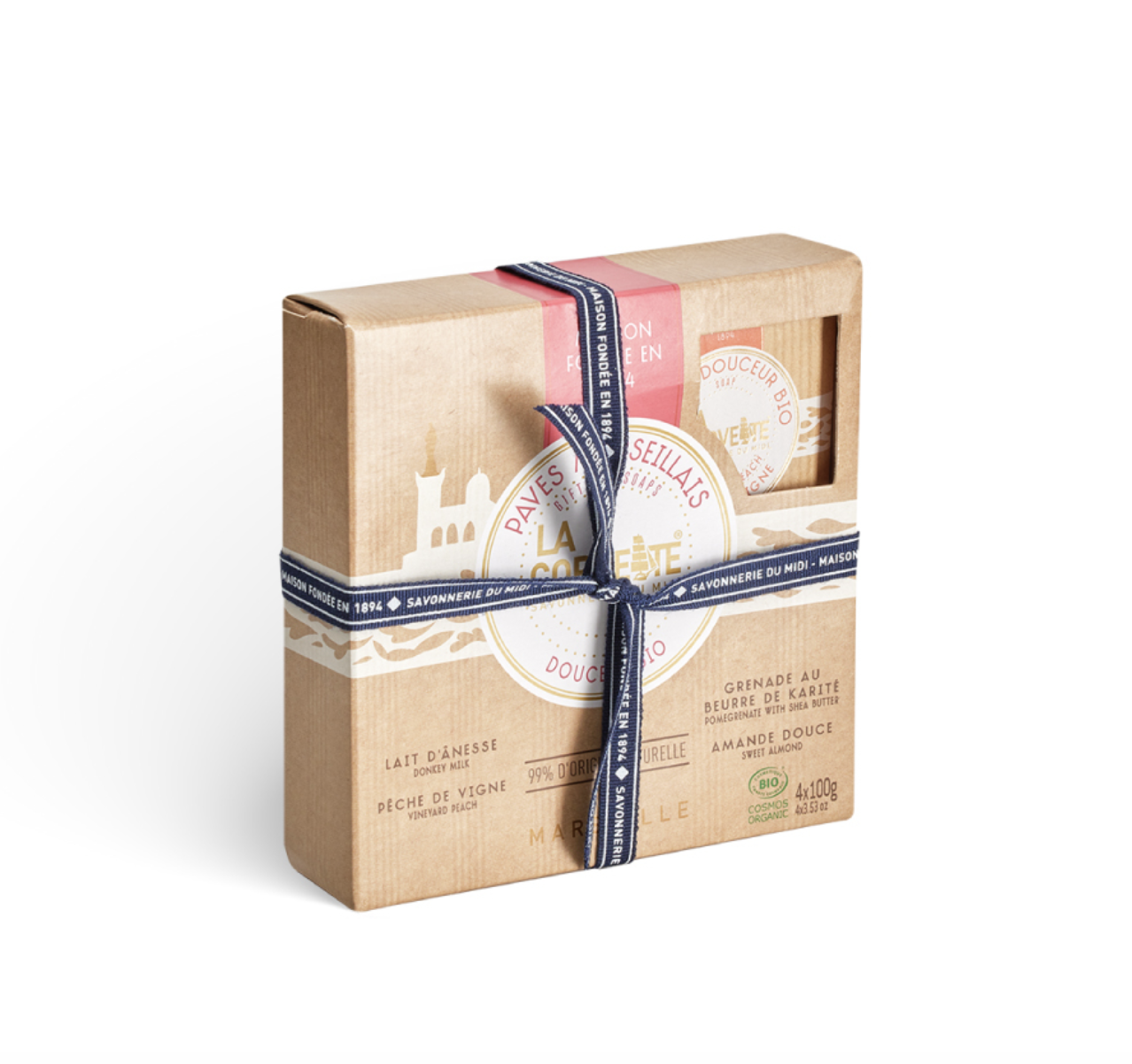La Corvette l 有機香氛皂禮盒4x100g: 滋養驢奶 + 田野蜜桃 + 紅石榴＆乳油果木油 + 甜杏