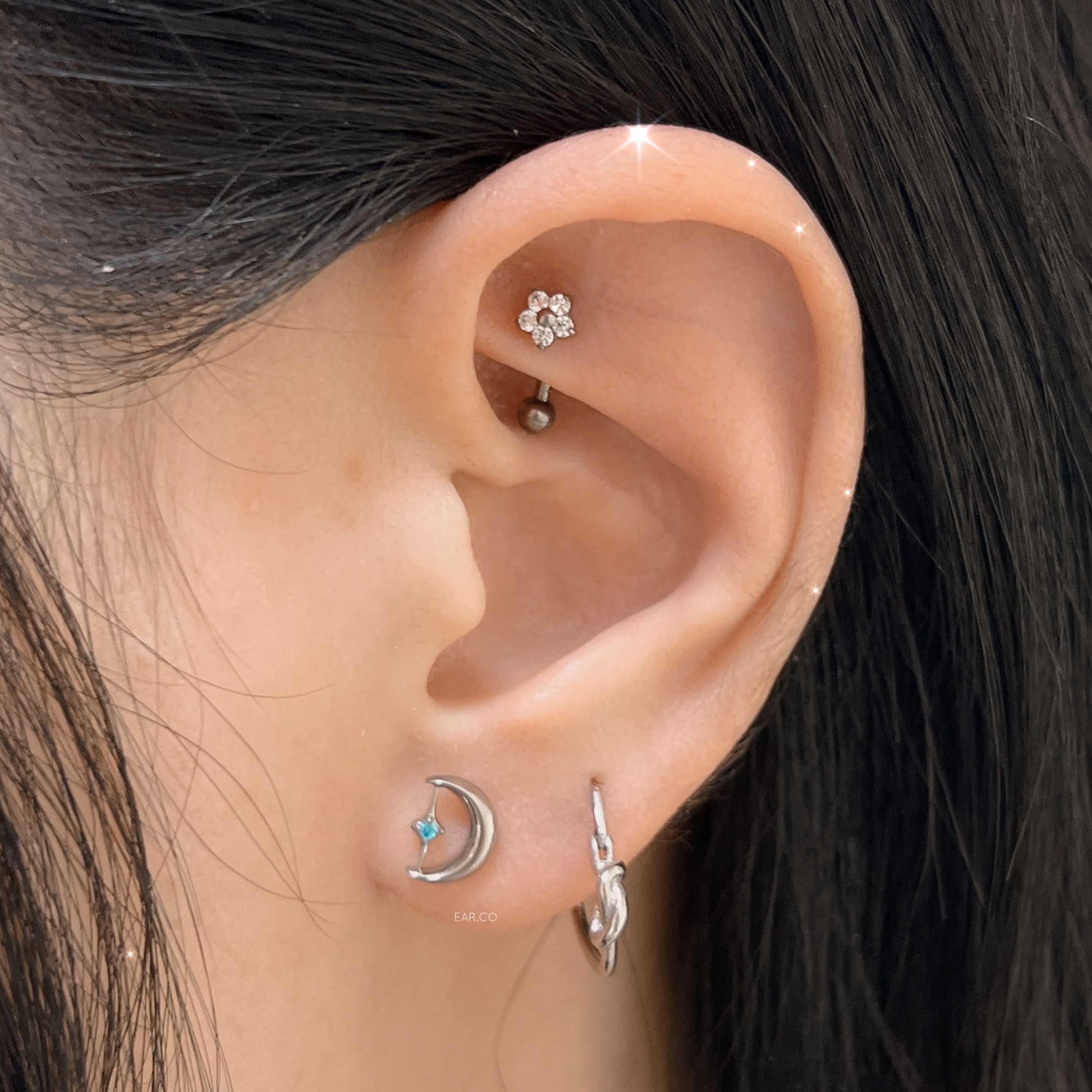 藍色星芒特色月亮平頭耳門/耳珠/耳骨釘 [G23 Titanium]