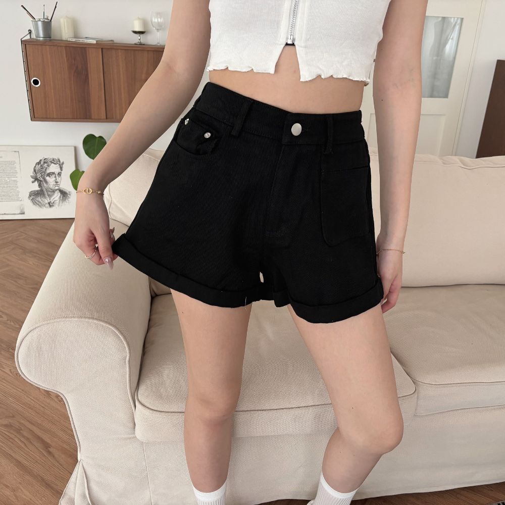 【耐看奶油灰】 DOMISS百搭後鬆緊牛仔短褲 短褲 女生 褲子(現貨)