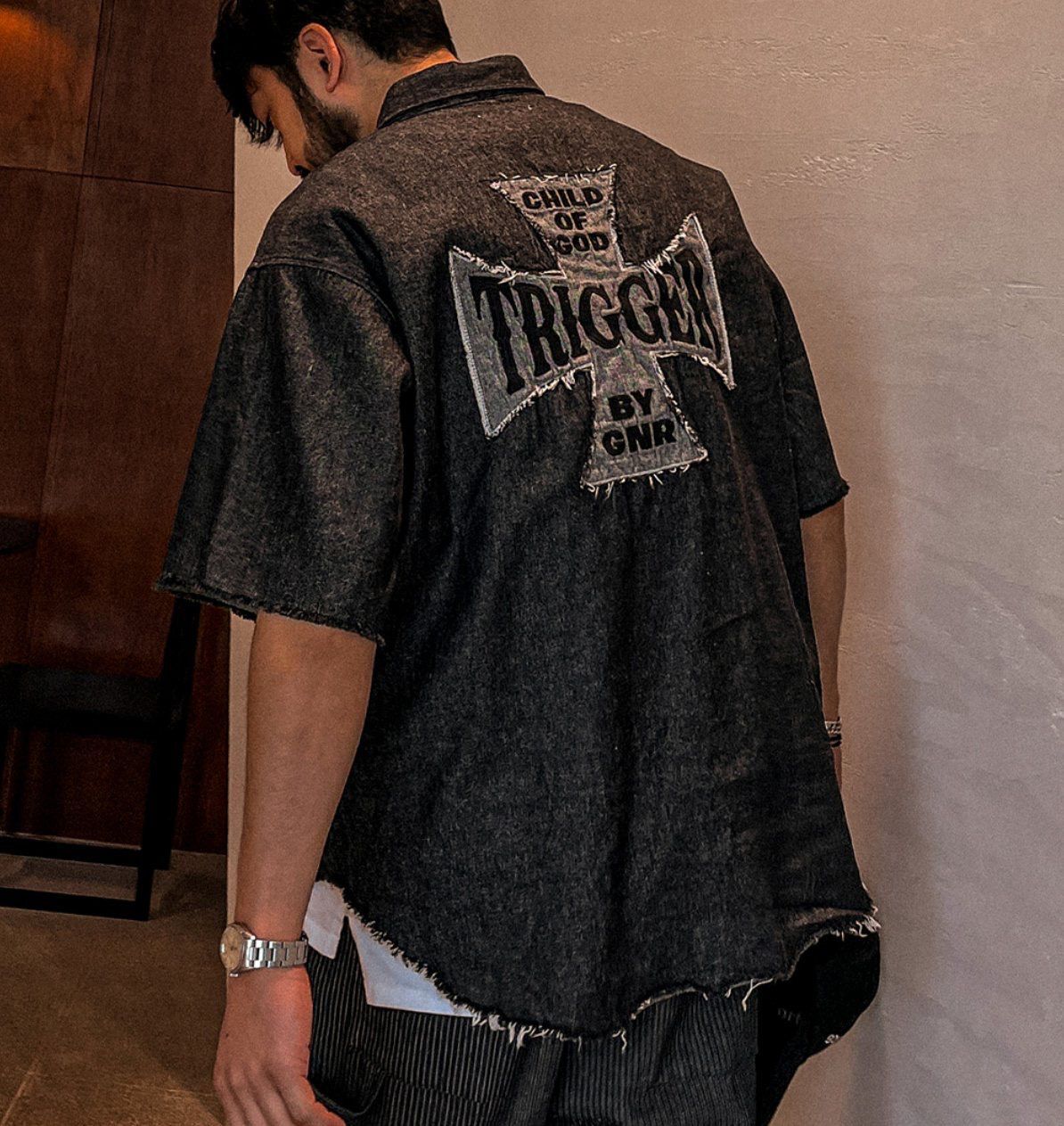 英文字牛仔短袖恤衫 GUNNER-014S