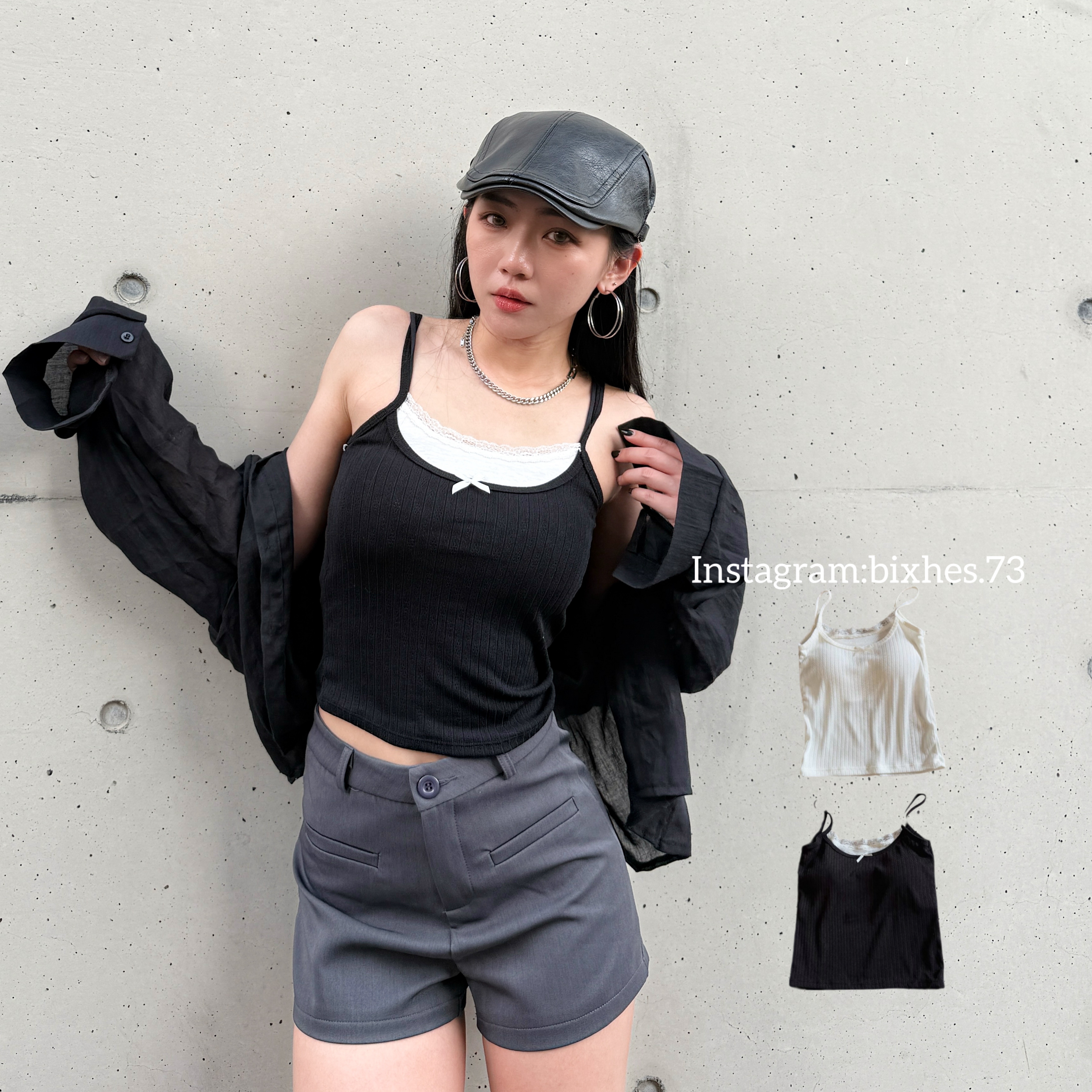 蝴蝶結假兩件坑條背心(C00087)