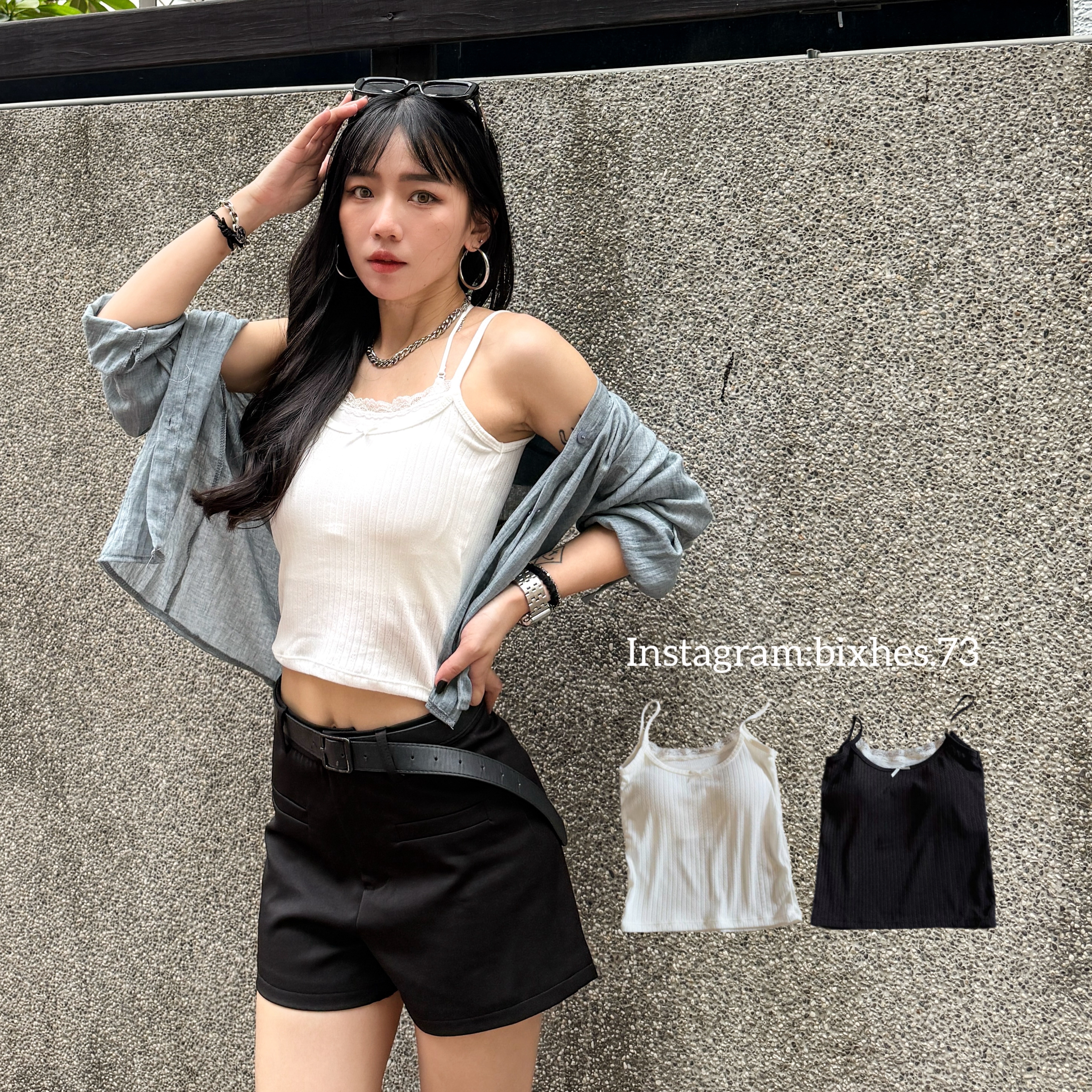 蝴蝶結假兩件坑條背心(C00087)