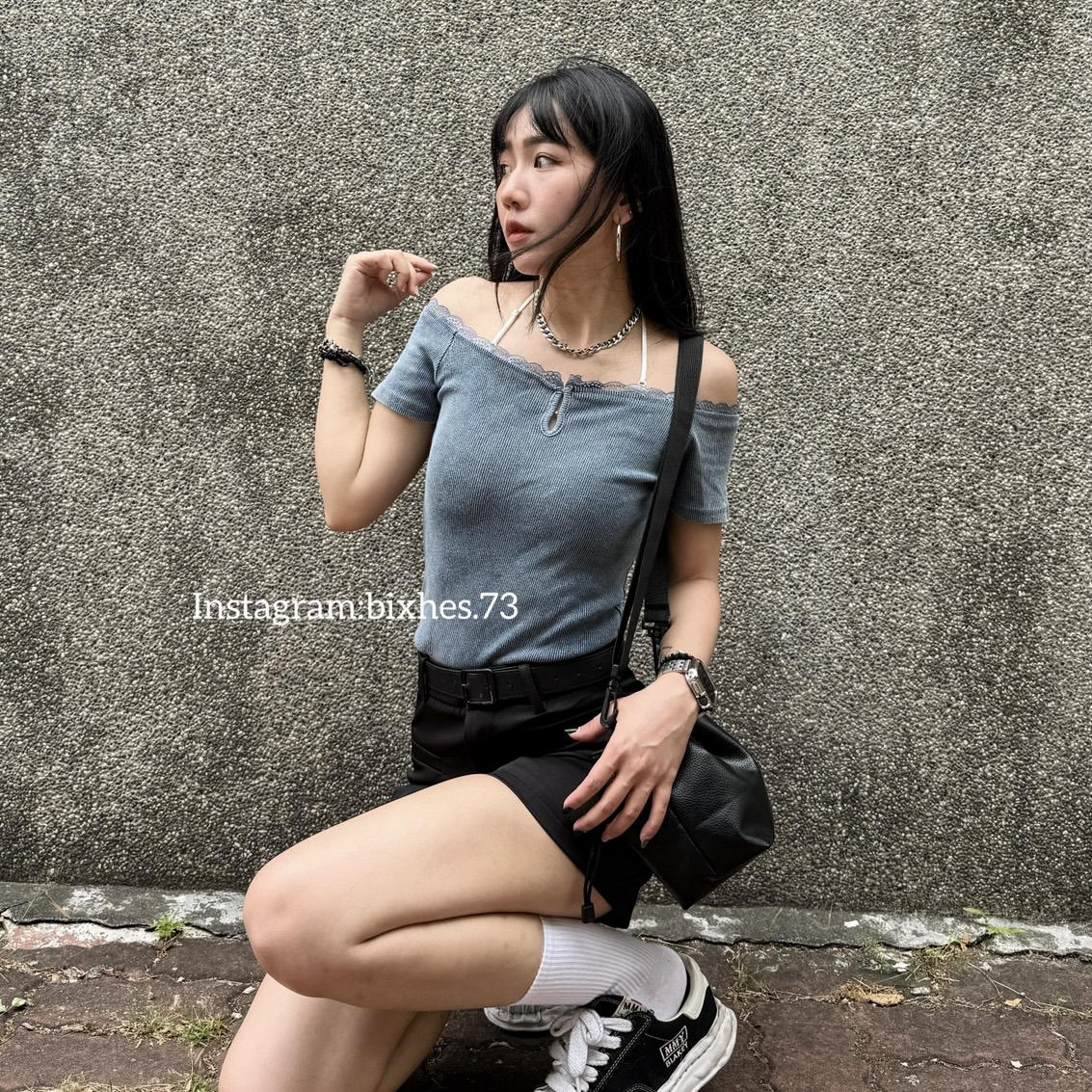 甜酷拼接蕾絲牛仔一字領短T(A00110)