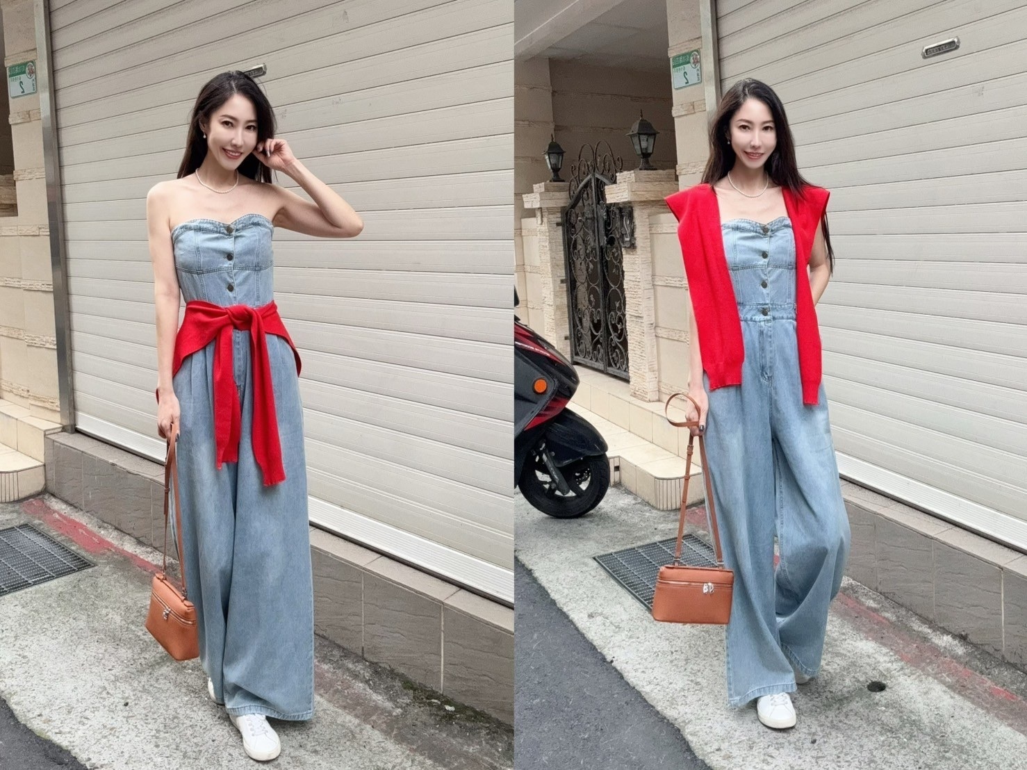 Baby系列 B05022 現貨-性感馬甲式排扣牛仔長褲一件式套裝（附披肩）