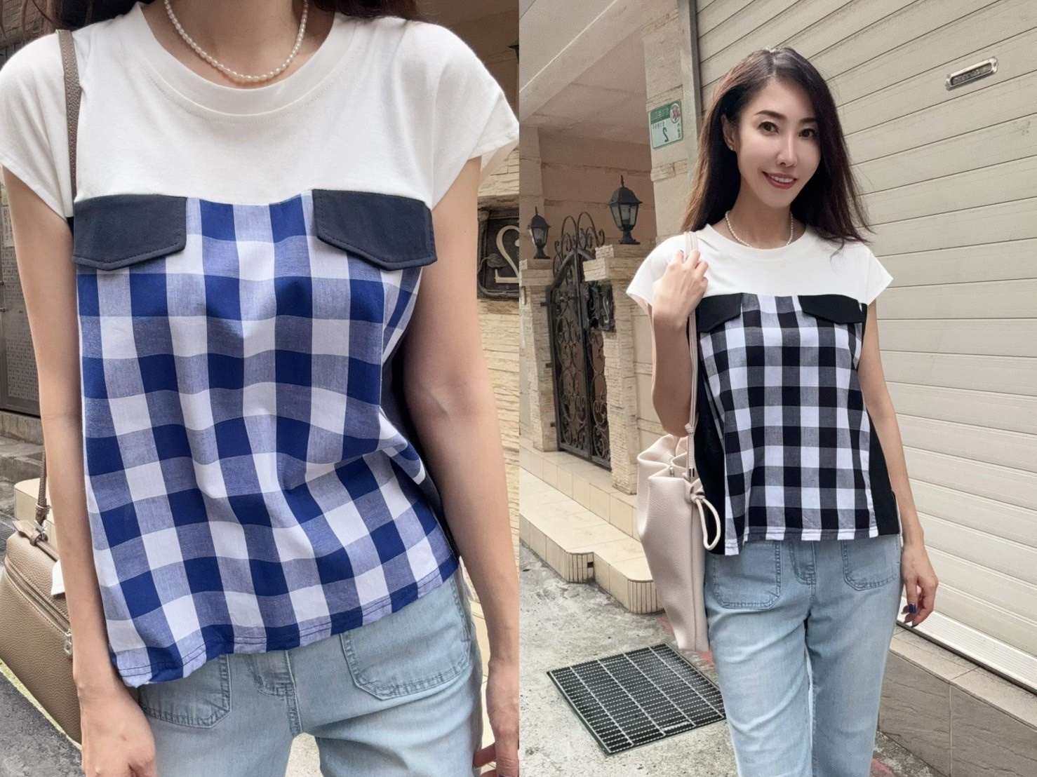 Baby系列 B05021 現貨-肉肉女孩必買假口袋格紋拼接上衣