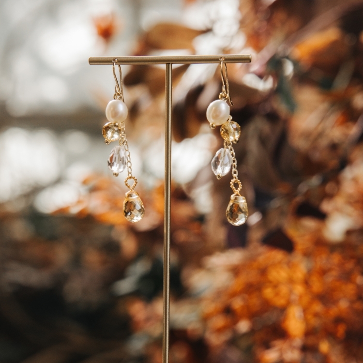 珍珠小姐的華麗日光果凍 黃水晶 白水晶 天然珍珠 長墜飾勾針耳環