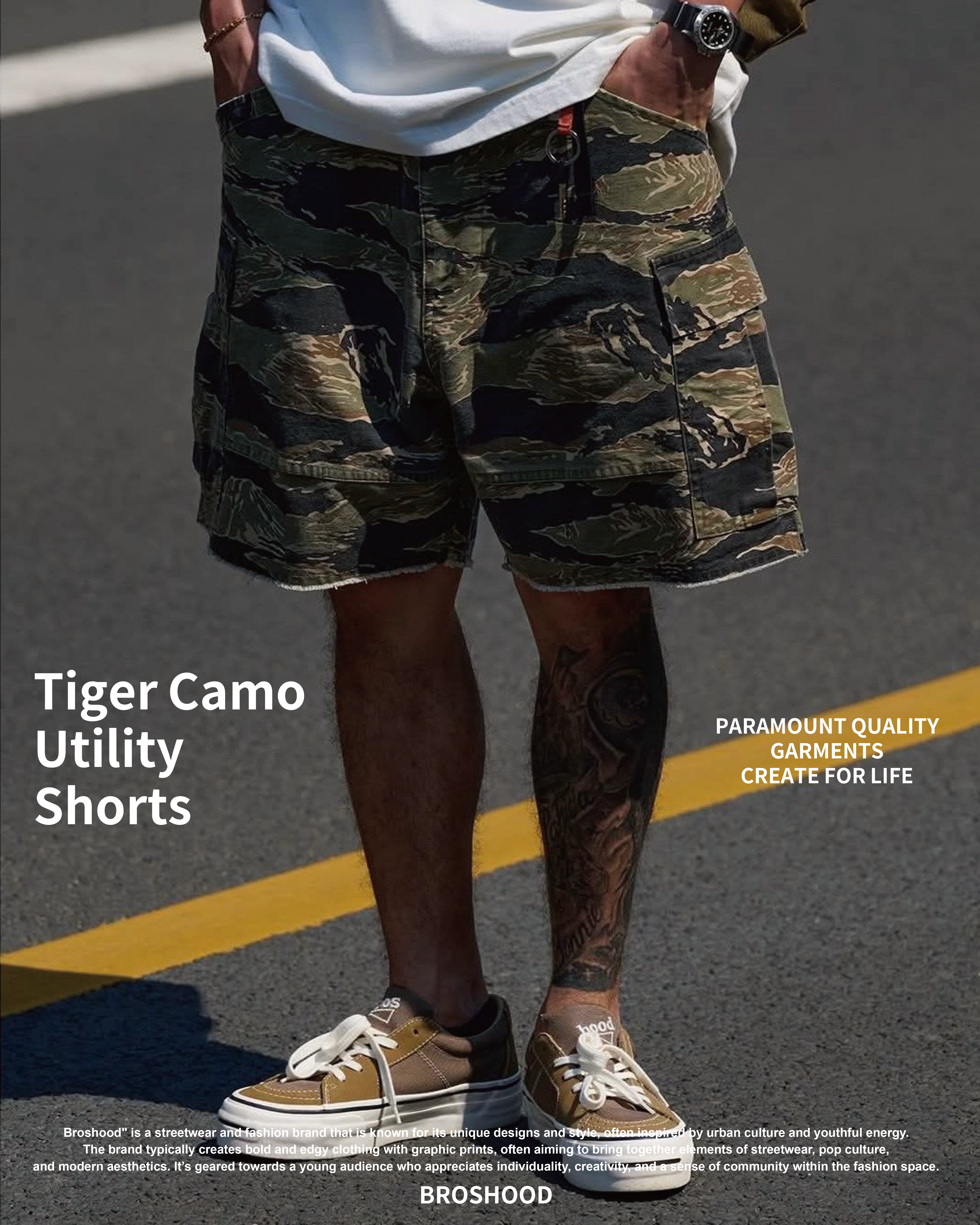 #預購 Broshood 25SS 日系復古 重水洗做舊 不收邊 虎紋迷彩 工裝短褲 2色