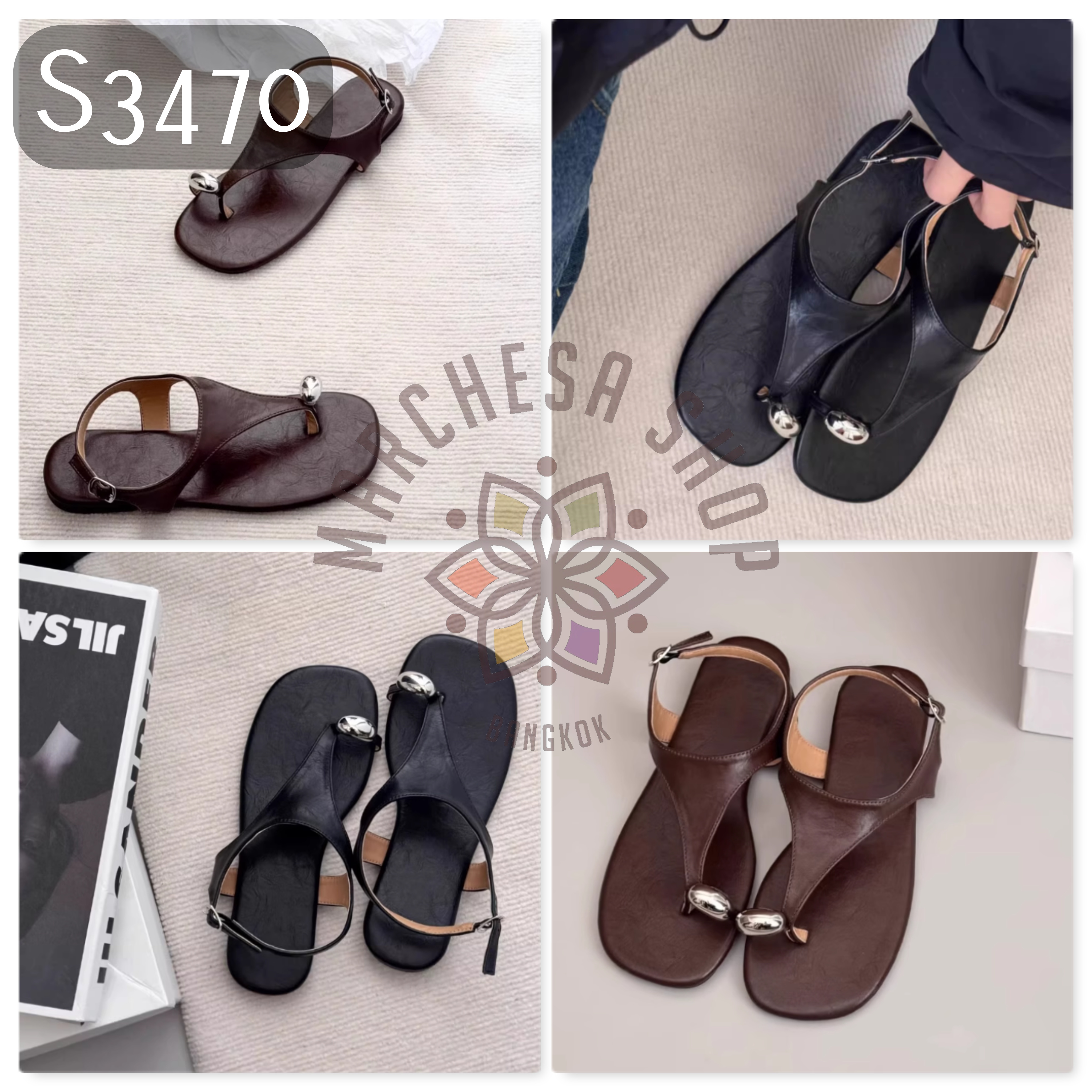 S3470 - 牛皮套趾人字平底涼鞋