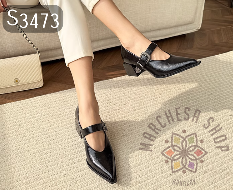 S3473 - 頭層小羊皮暗黑風尖頭粗高踭鞋