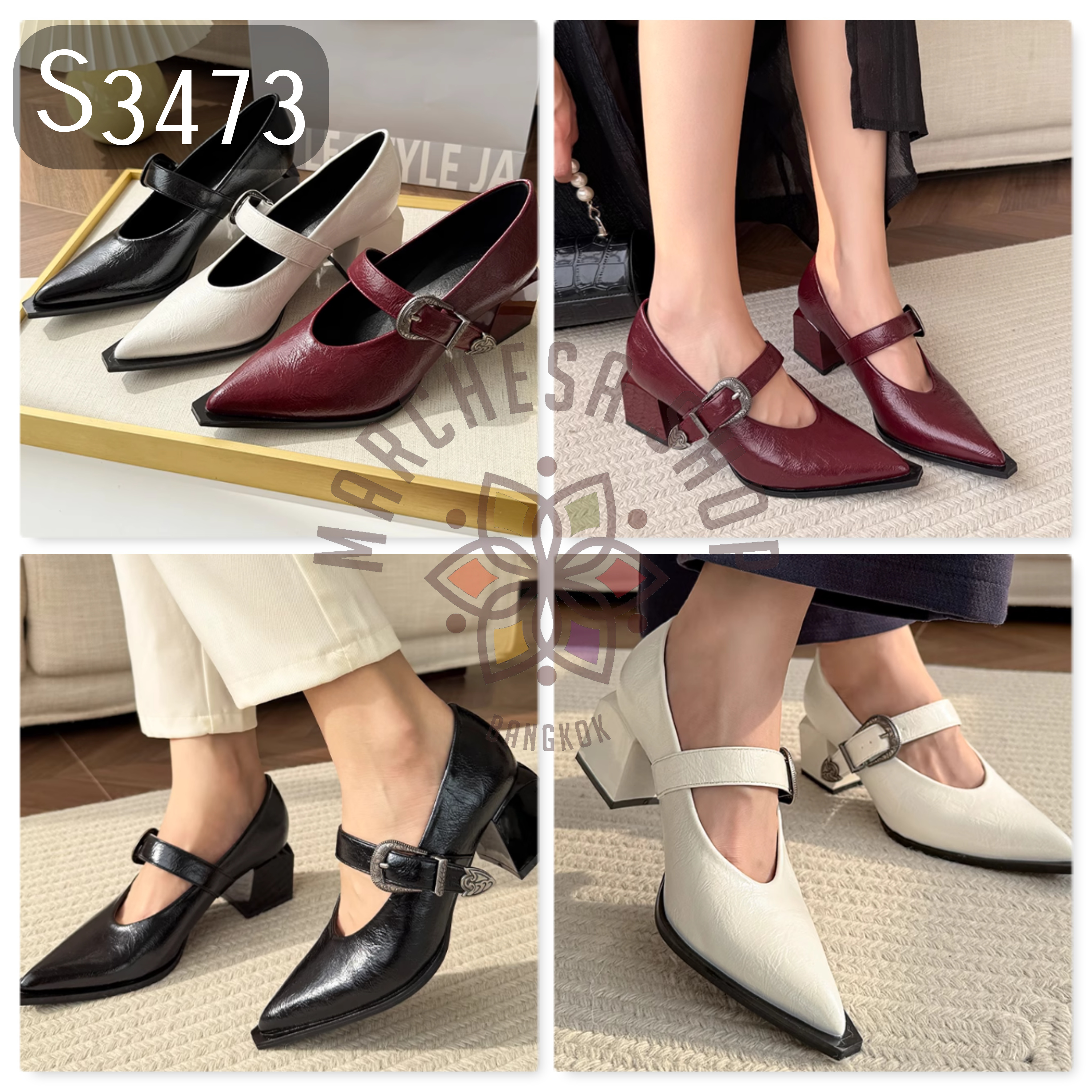 S3473 - 頭層小羊皮暗黑風尖頭粗高踭鞋