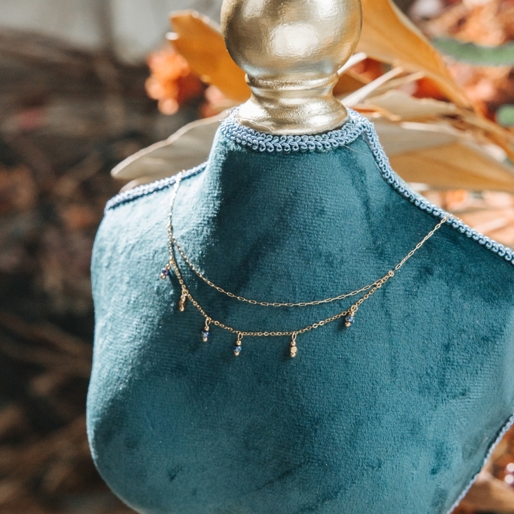 老時光裡的藍影 玻璃古董藍珠 雙層鈦鋼項鍊