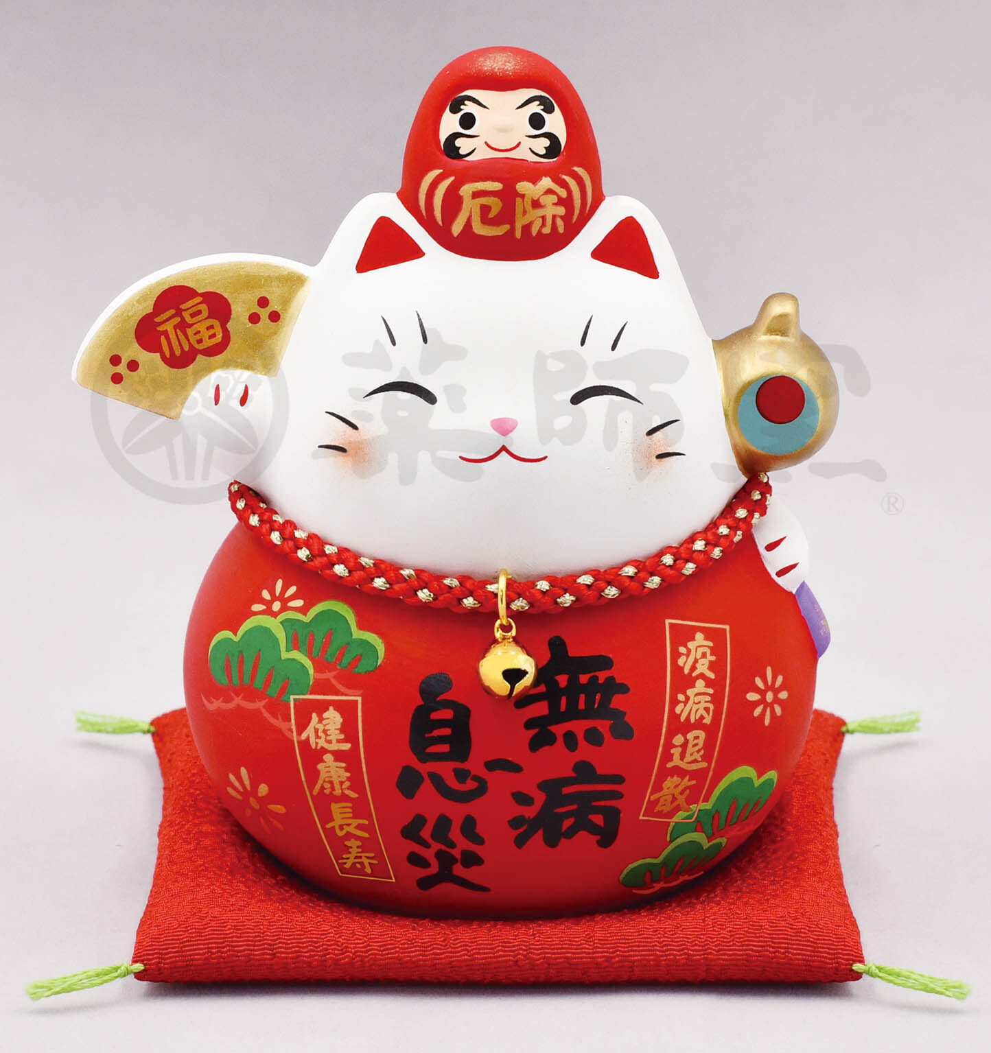 日式陶瓷錦彩無病息災儲金箱(紅)(中) (非日本製)