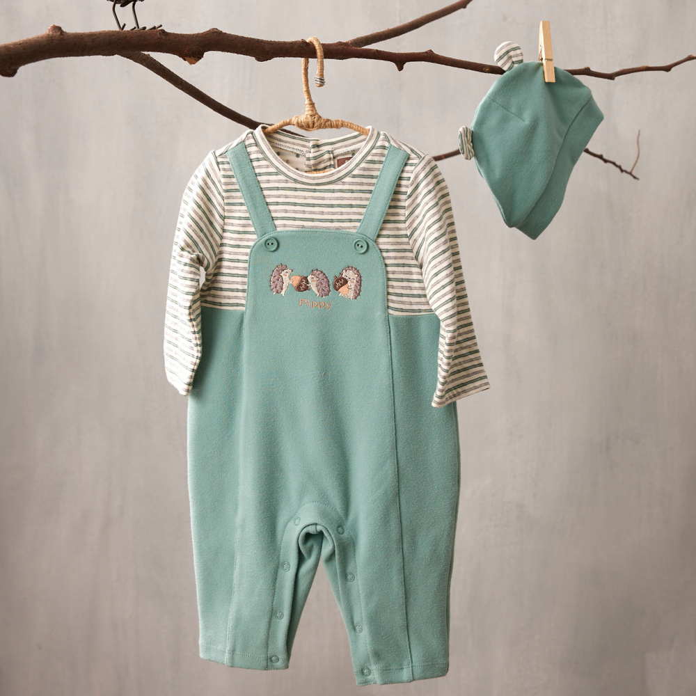 PIPPY小刺蝟棉剪接條紋假兩件包屁衣 綠