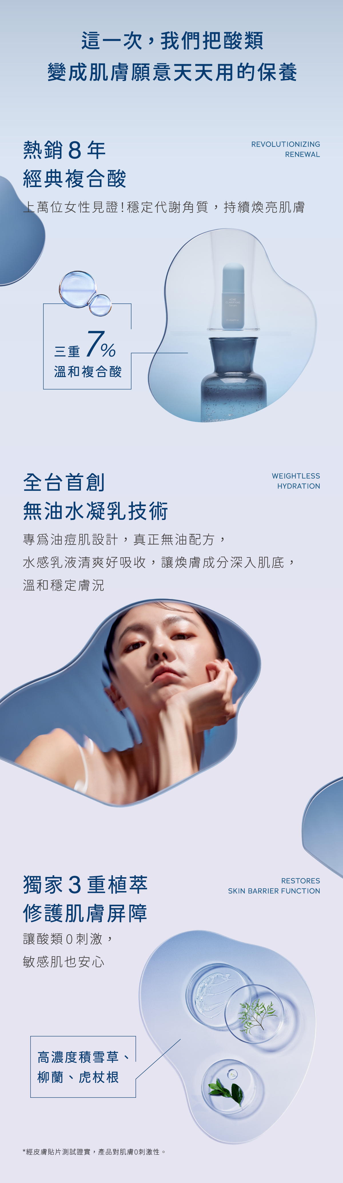 熱銷8年經典複合酸，搭配全台首創無油水凝乳技術，讓酸類0刺激，敏感肌也能安心用