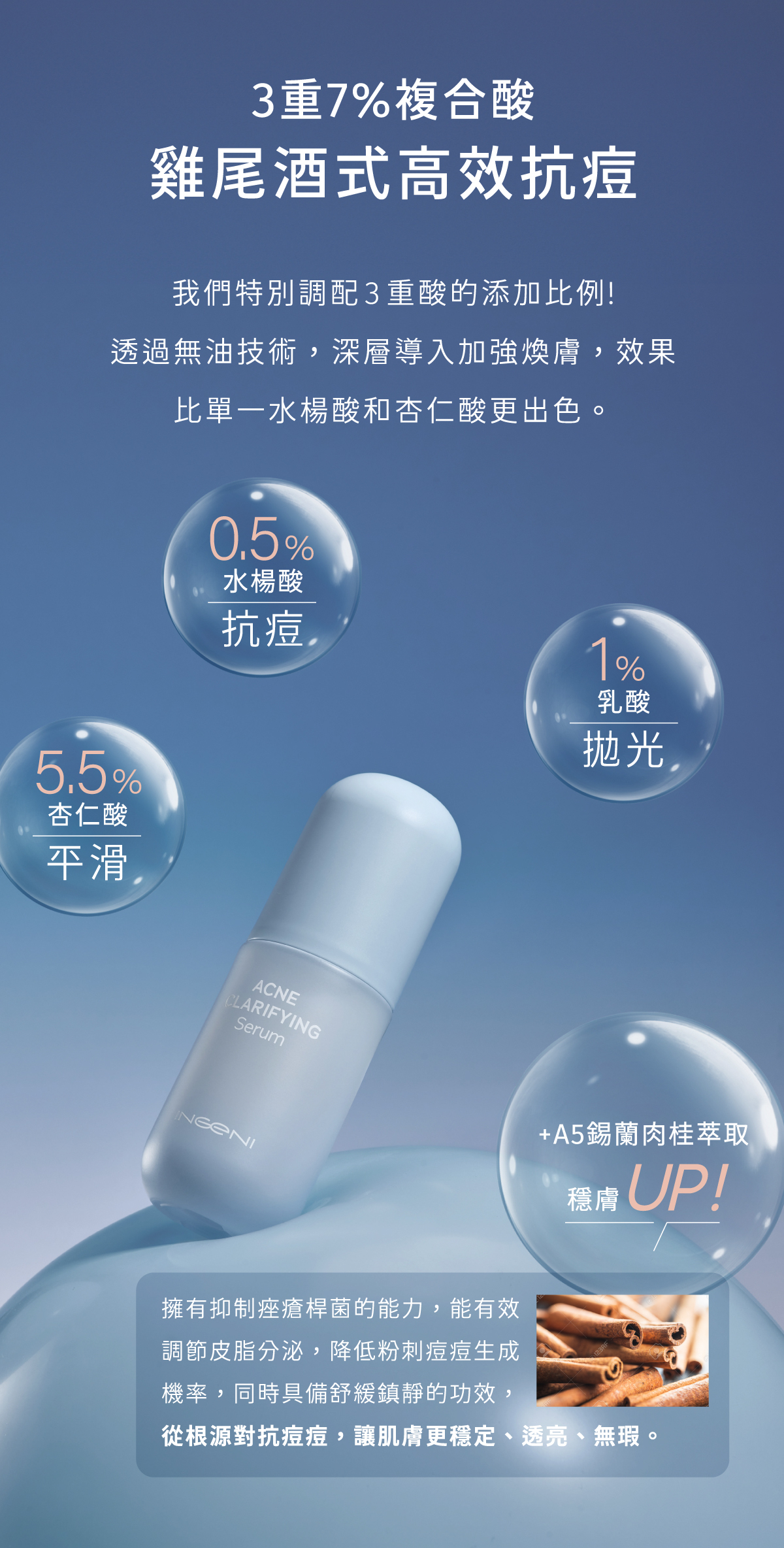 雞尾酒式高效抗痘，降低粉刺痘痘生成，同時舒緩鎮靜，讓肌膚穩定透亮無瑕。