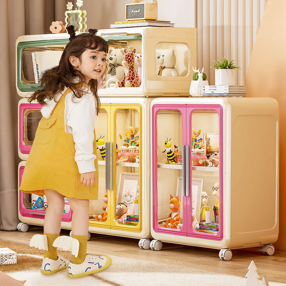 【AOTTO】奶油撞色附輪可疊加雙開門收納櫃(AL-217)