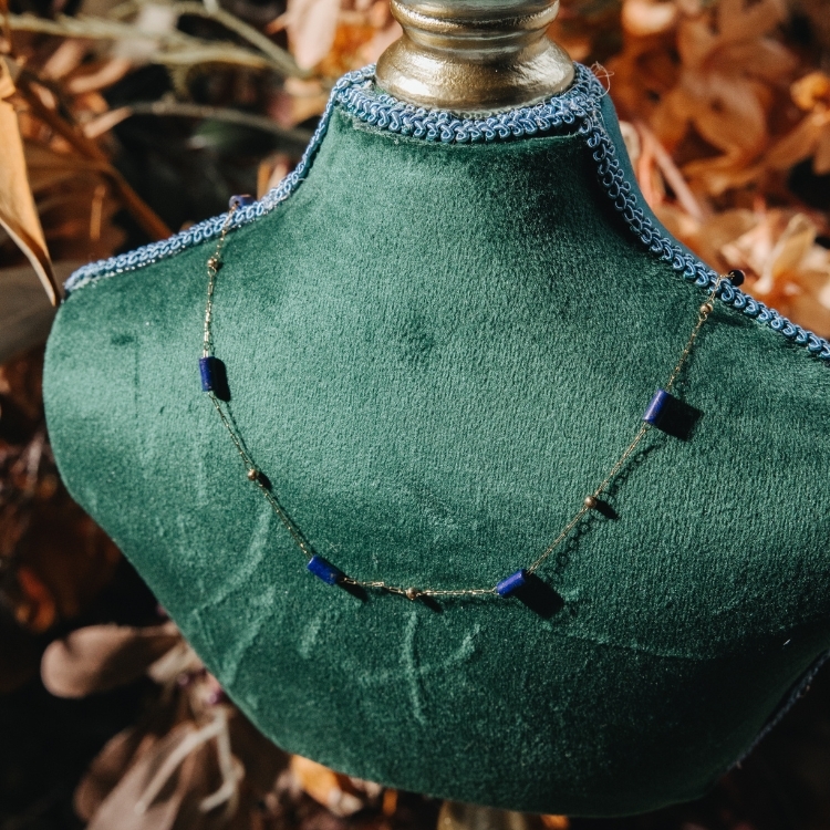 靜夜的溫柔 青金石 長條細珠 鈦鋼項鍊