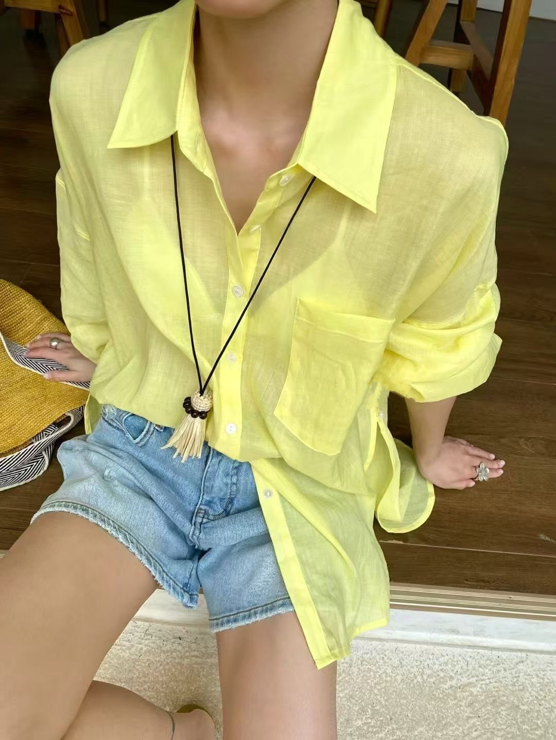 上衣丨棉麻側開叉彩色防曬襯衫