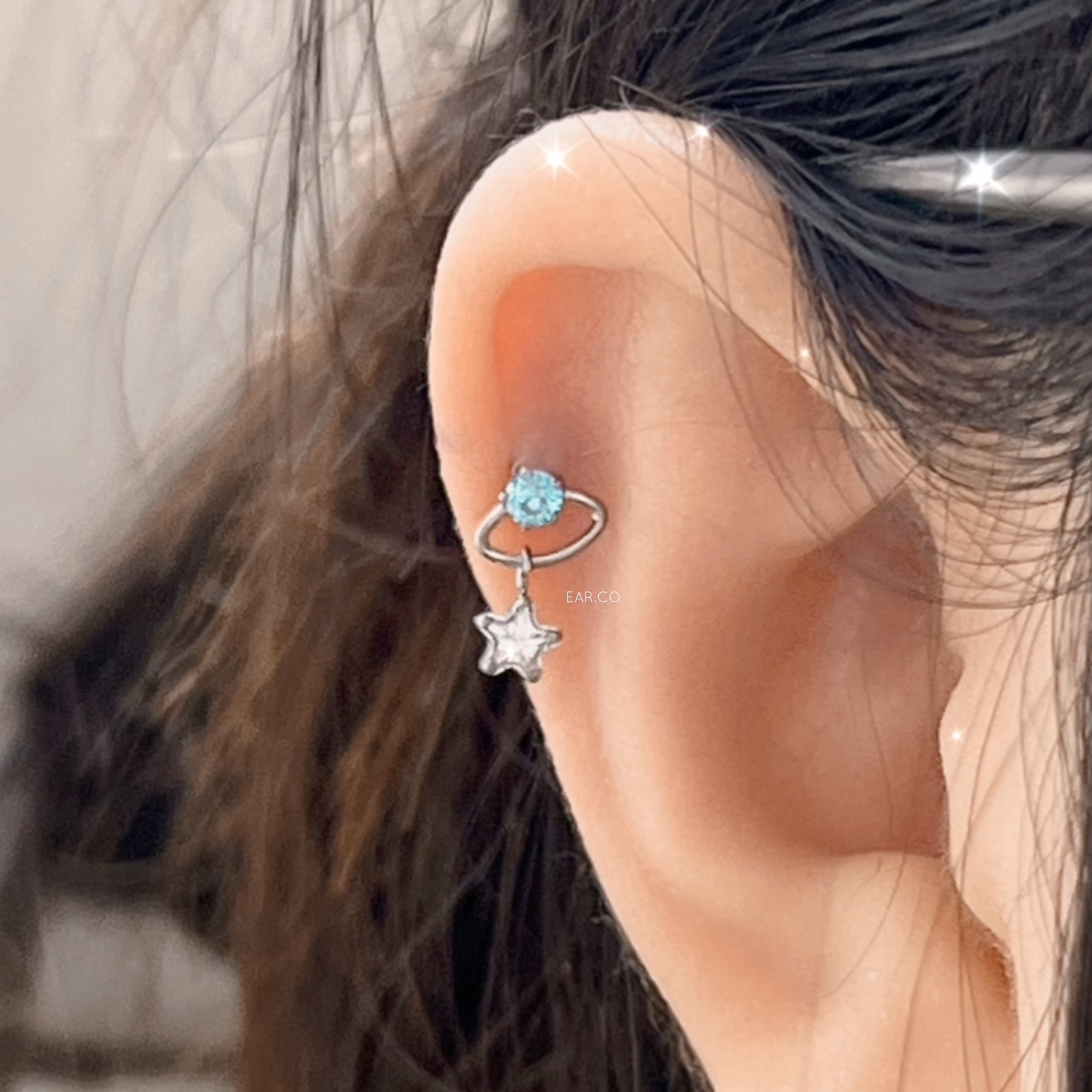 迷你藍色星球垂釣小星星平頭耳門/耳珠/耳骨釘 [G23 Titanium]