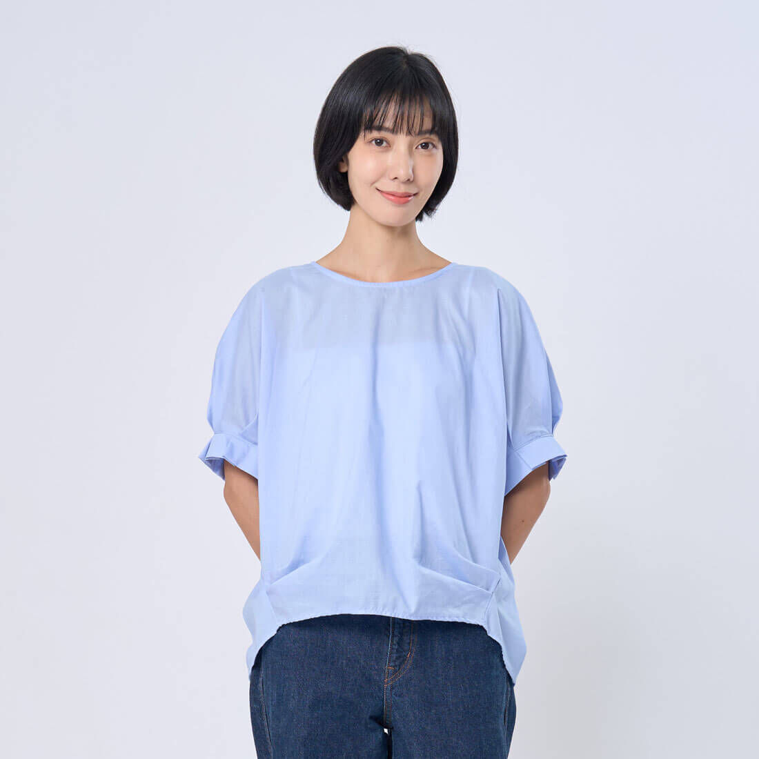 Pamela花摺袖棉質立體打摺上衣/紫籐藍