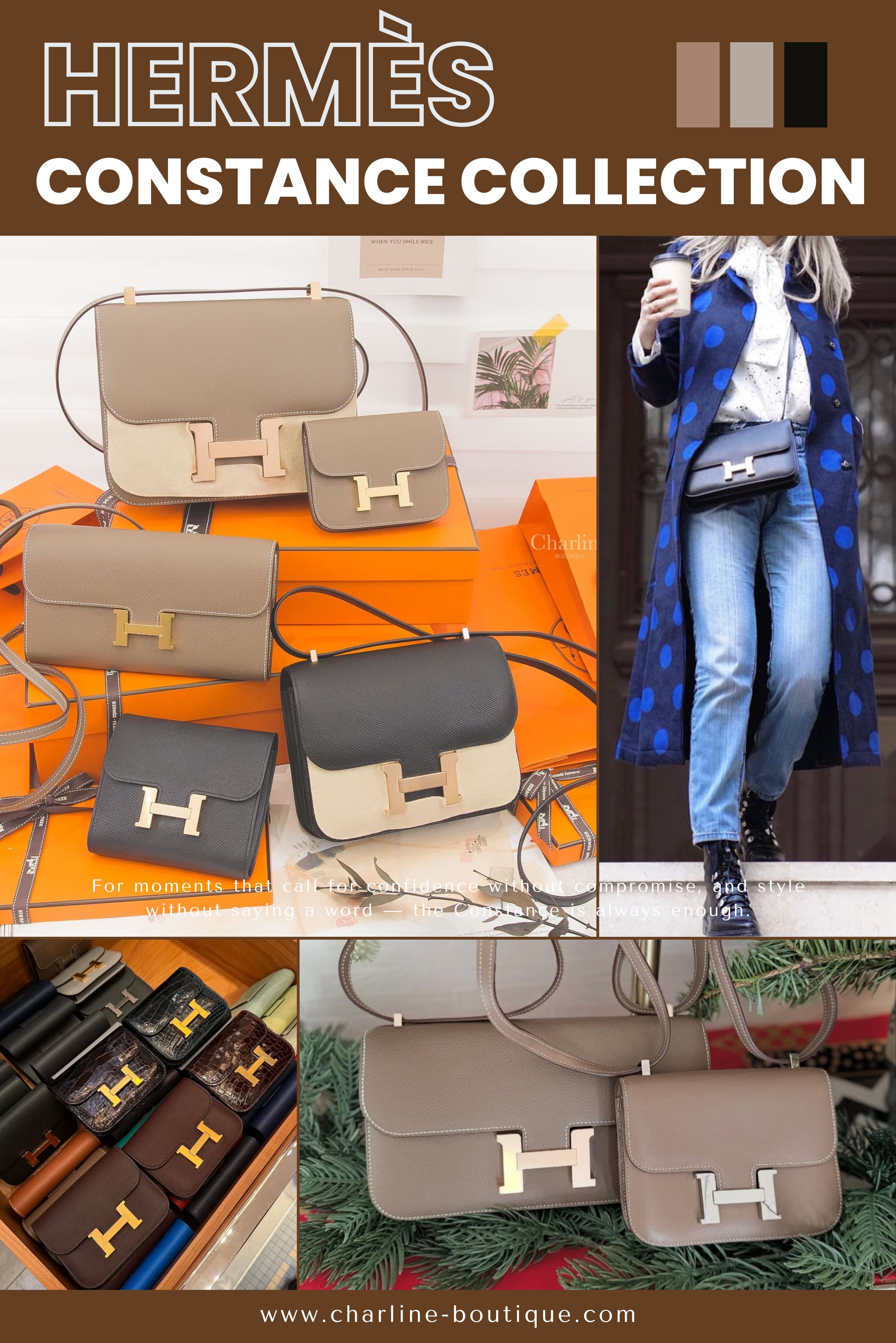 Hermès Constance 誕生於 1959 年，由設計師 Catherine Chaillet 為了紀念她剛出生的女兒而命名。這是 Hermès 首次將品牌 Logo 作為包款設計重點， 是Hermès史上第一款LOGO包。正面「H」金屬釦成為其代表性符號。 Constance 包款秉承堅挺包型、對稱線條與可調式皮革肩帶設計，不僅適合日常斜背，更可用手提或搭配其他造型，將品牌精神與實用機能完美結合。近幾年更是推出了新款：在內部多附了一個小鏡子以及收納的小夾層，而這簡直就是為了我們這些想要時刻注意妝容的族群們新增了一個超貼心的設計！ 加上隨著市場需求日益多元，Hermès 也相繼推出了多款變體，如 Constance Slim 以輕巧拆卸設計贏得年輕族群喜愛，以及近期推出的復刻 Constance Elan，其造型不同於康康包，而是變成裡較為長方的設計，顯得格外新鮮。此外，除了經典包款外，Hermès 亦持續豐富皮夾系列，其中的 Hermès Constance Long To Go Wallet 以輕便實用卻又不失優雅的設計，成為時尚達人的出門必備。 接下來就跟著我們一起來看看Constance 有那些系列單品及皮革的選擇吧！先從皮革說起：在康康包系列中常見的普通皮革除了硬挺的Epsom、偏柔軟的Evercolor、紋路細嫩平滑的Swift，甚至是更為獨特的馬鞍皮及Box皮都有，尤其是Box超級少見，光滑的外觀更是不少人的夢想皮革。除了普皮的材質外，如果想要珍稀皮革的Constance 也有推出鱷魚皮及蜥蜴皮。選擇可以說是超級多的，就看您喜歡哪一種感覺囉！介紹完皮革後我們就來看看康康家族的成員吧。