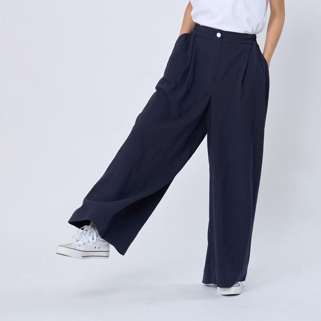 Ken棉麻後腰鬆緊打摺寬褲/深藍