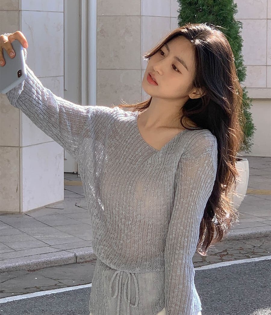韓國Cherrykoko授權 韓系氣質斜領腰綁帶縷空針織衫