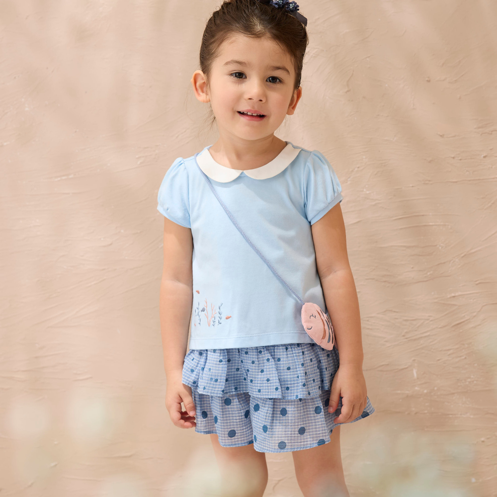 PIPPY可愛小魚兒花瓣領澎袖棉質上衣 水