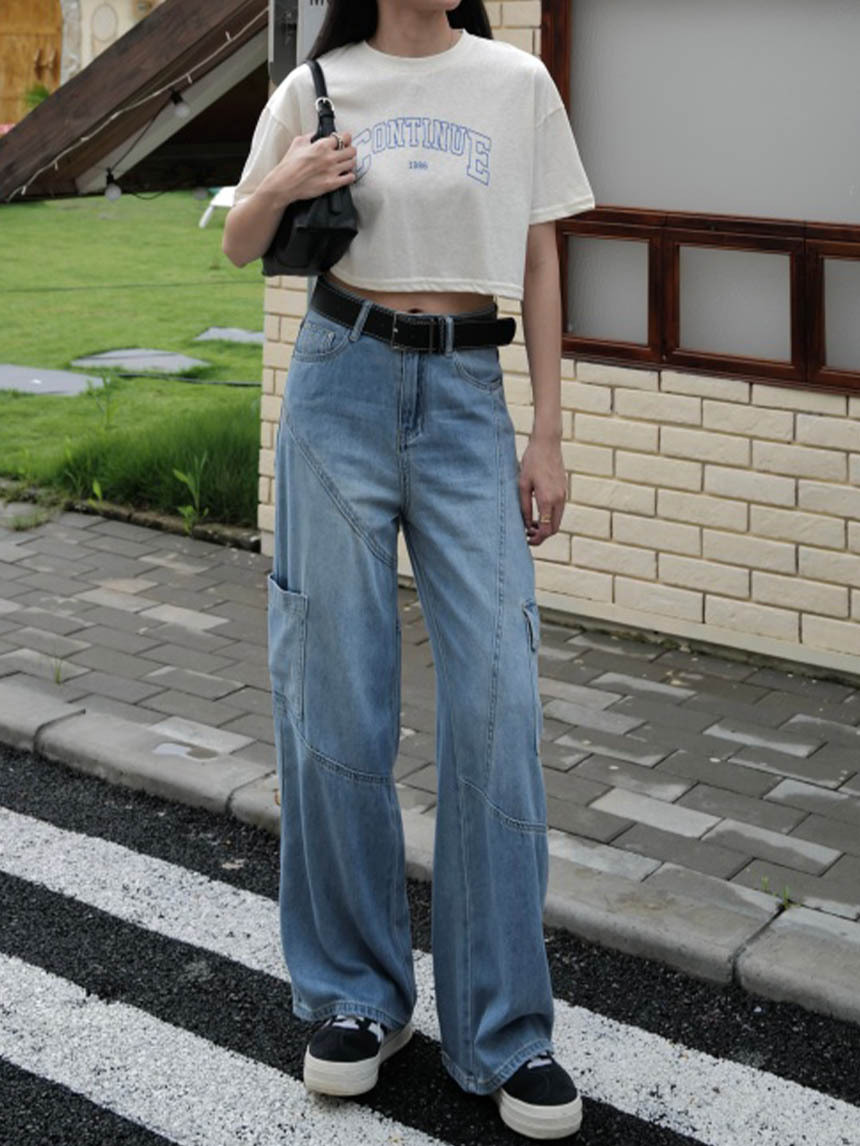 附粗皮帶水洗工裝牛仔褲