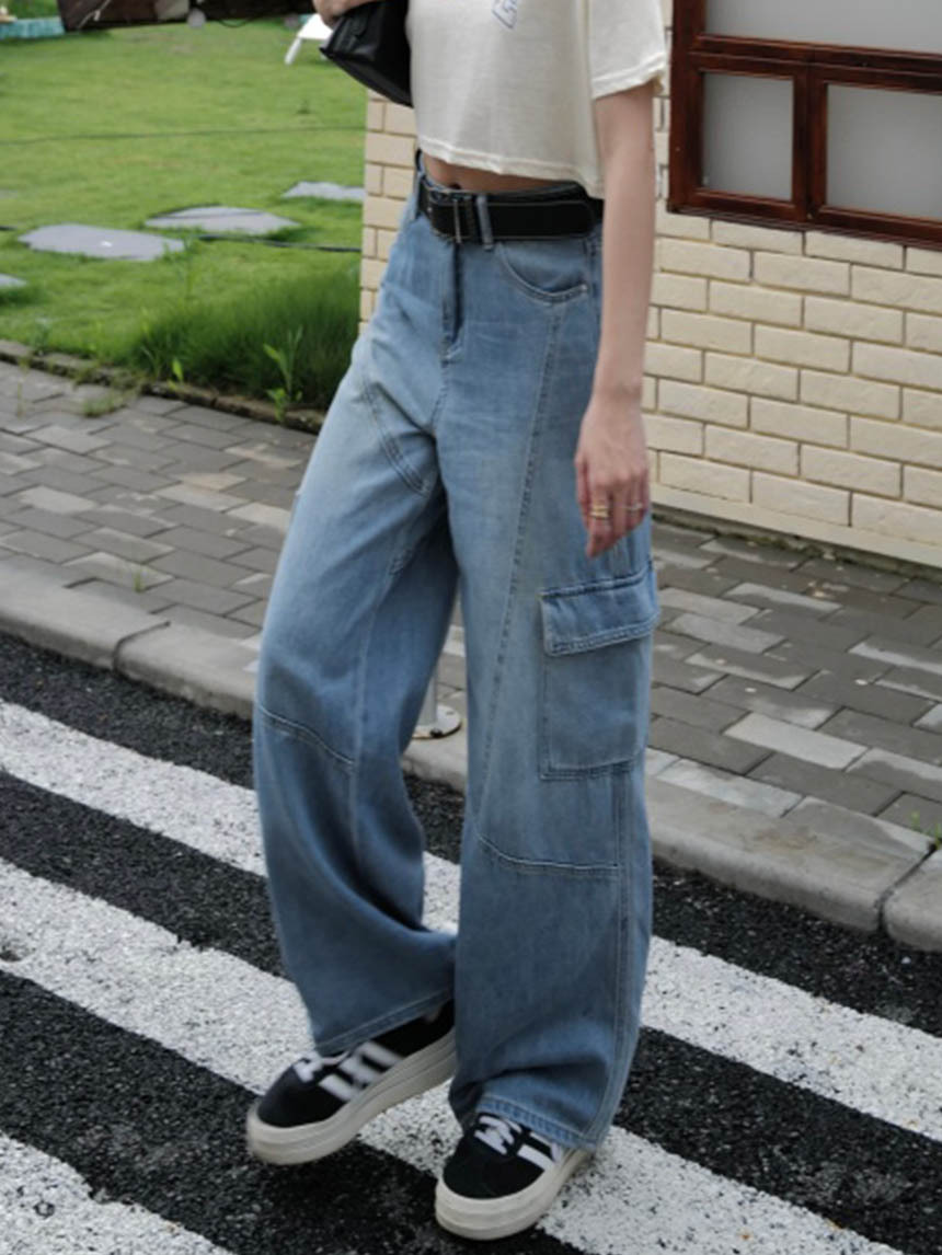 附粗皮帶水洗工裝牛仔褲