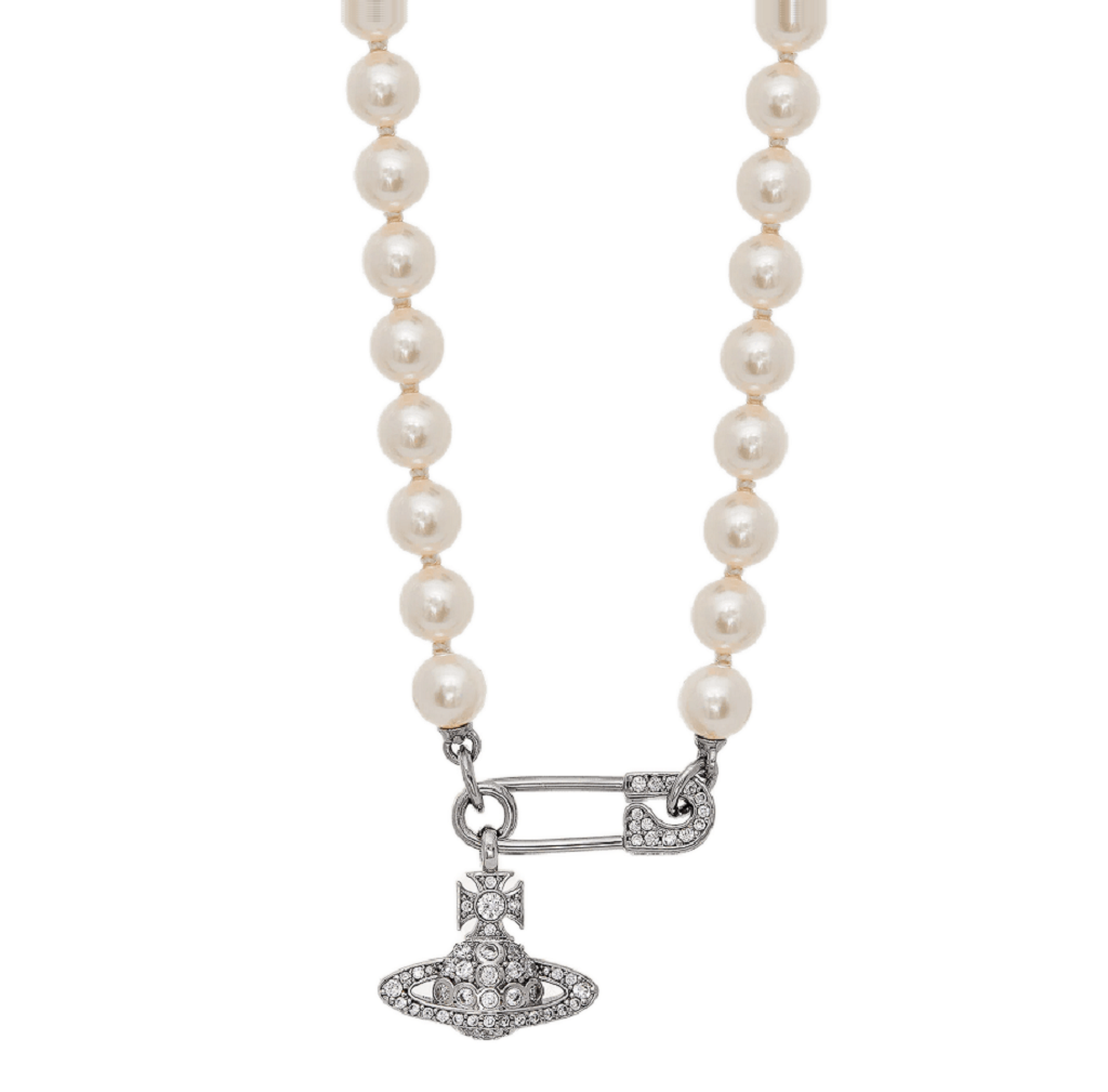 Vivienne Westwood 水鑽鑲嵌 回形針 珍珠 黃銅項鍊 女款銀色